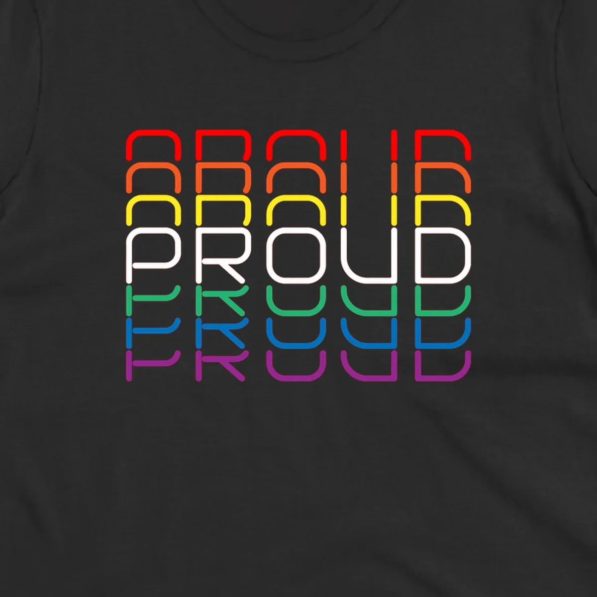 The word PROUD displayed in large rounded letters, each stacked layer colored in rainbow pride spectrum colors from red to purple