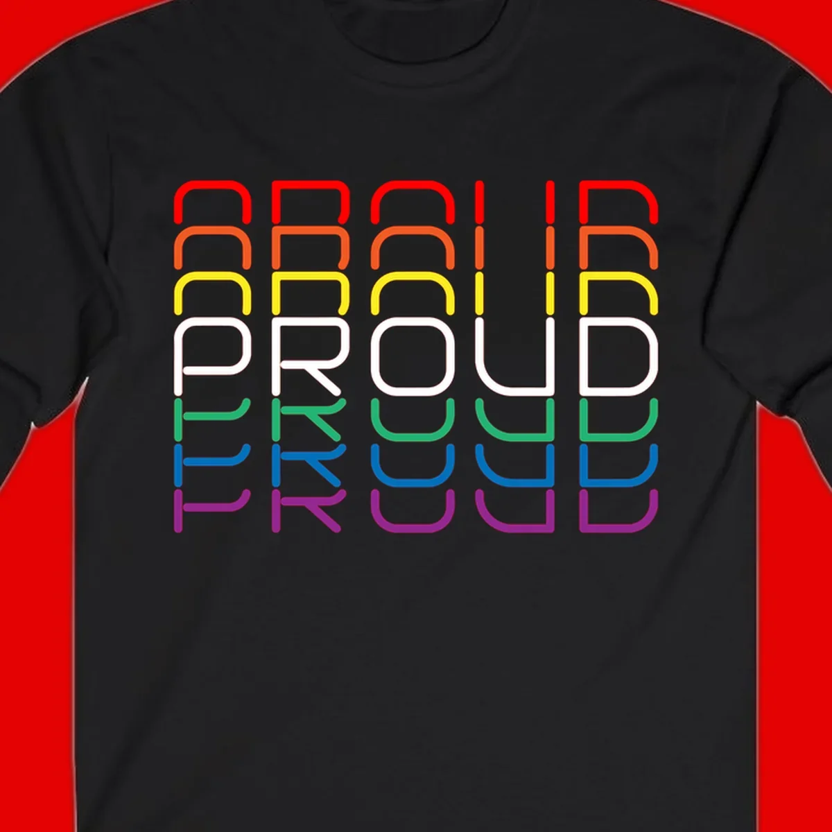 The word PROUD displayed in large rounded letters, each stacked layer colored in rainbow pride spectrum colors from red to purple