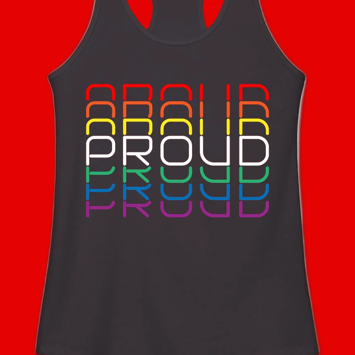 The word PROUD displayed in large rounded letters, each stacked layer colored in rainbow pride spectrum colors from red to purple