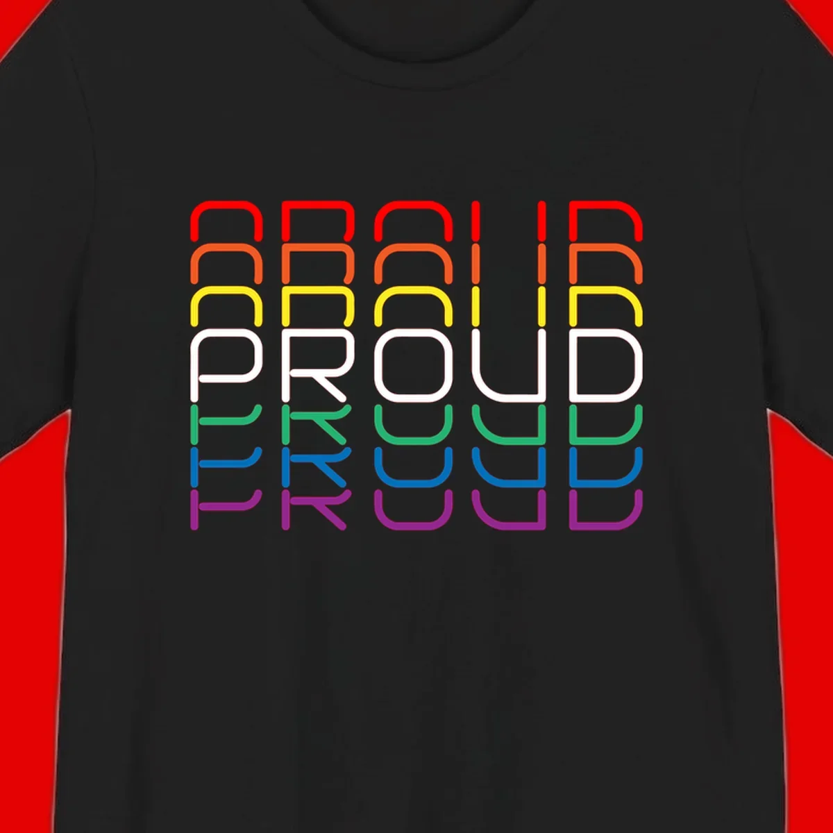 The word PROUD displayed in large rounded letters, each stacked layer colored in rainbow pride spectrum colors from red to purple