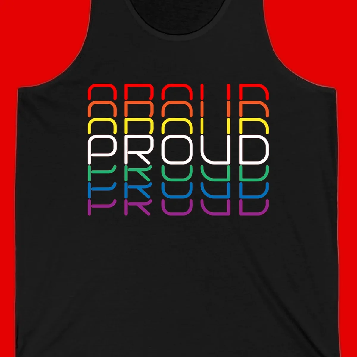 The word PROUD displayed in large rounded letters, each stacked layer colored in rainbow pride spectrum colors from red to purple