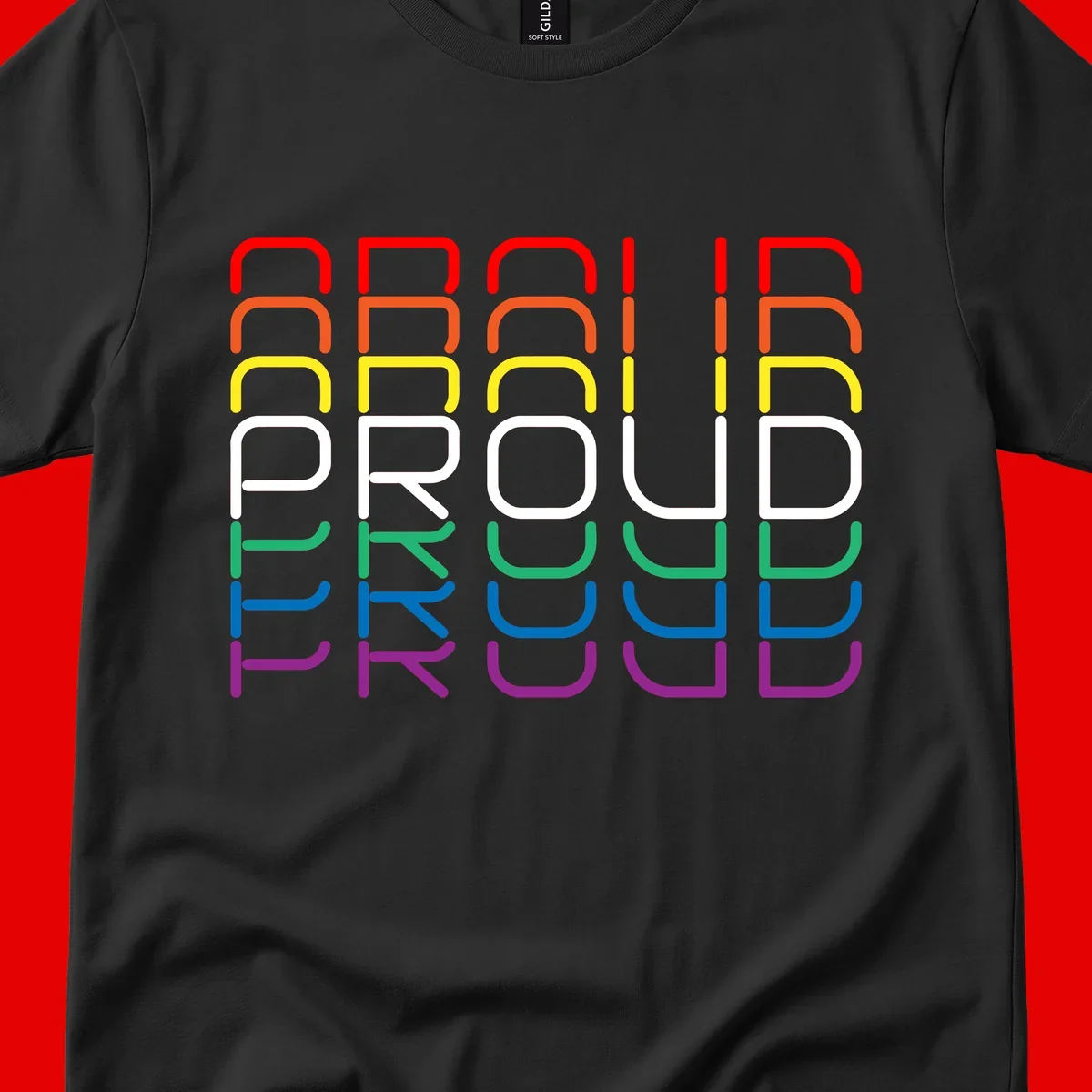 The word PROUD displayed in large rounded letters, each stacked layer colored in rainbow pride spectrum colors from red to purple