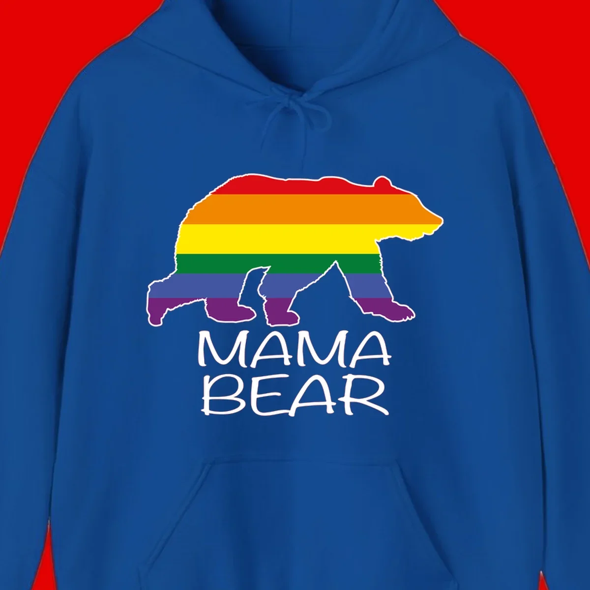 Mama bear silhouette with rainbow pride stripes and mountain details, with 'MAMA BEAR' text below