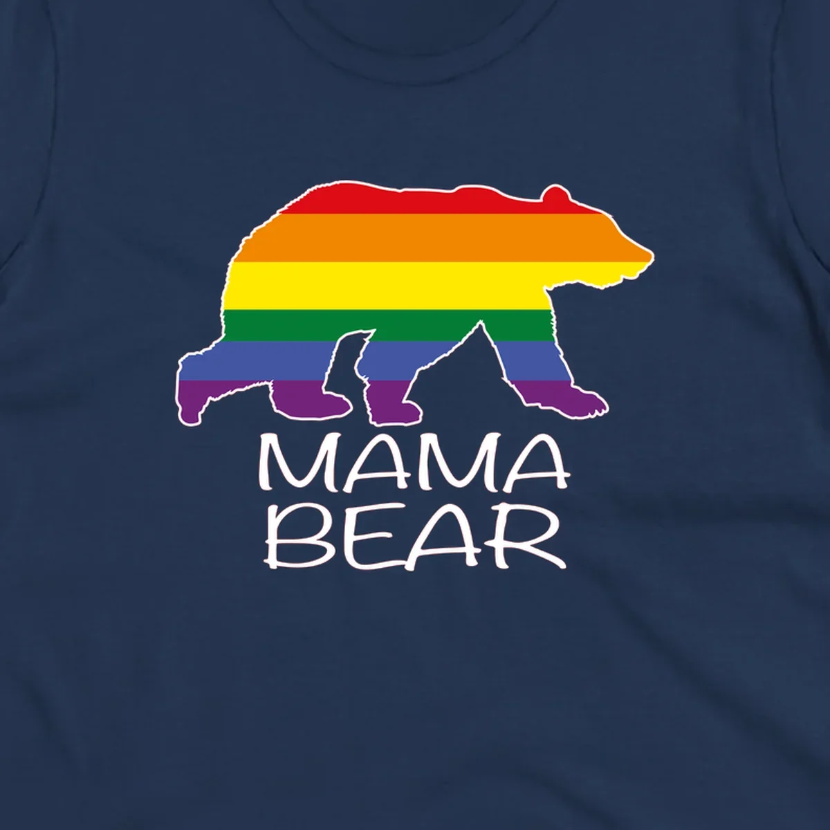 Mama bear silhouette with rainbow pride stripes and mountain details, with 'MAMA BEAR' text below