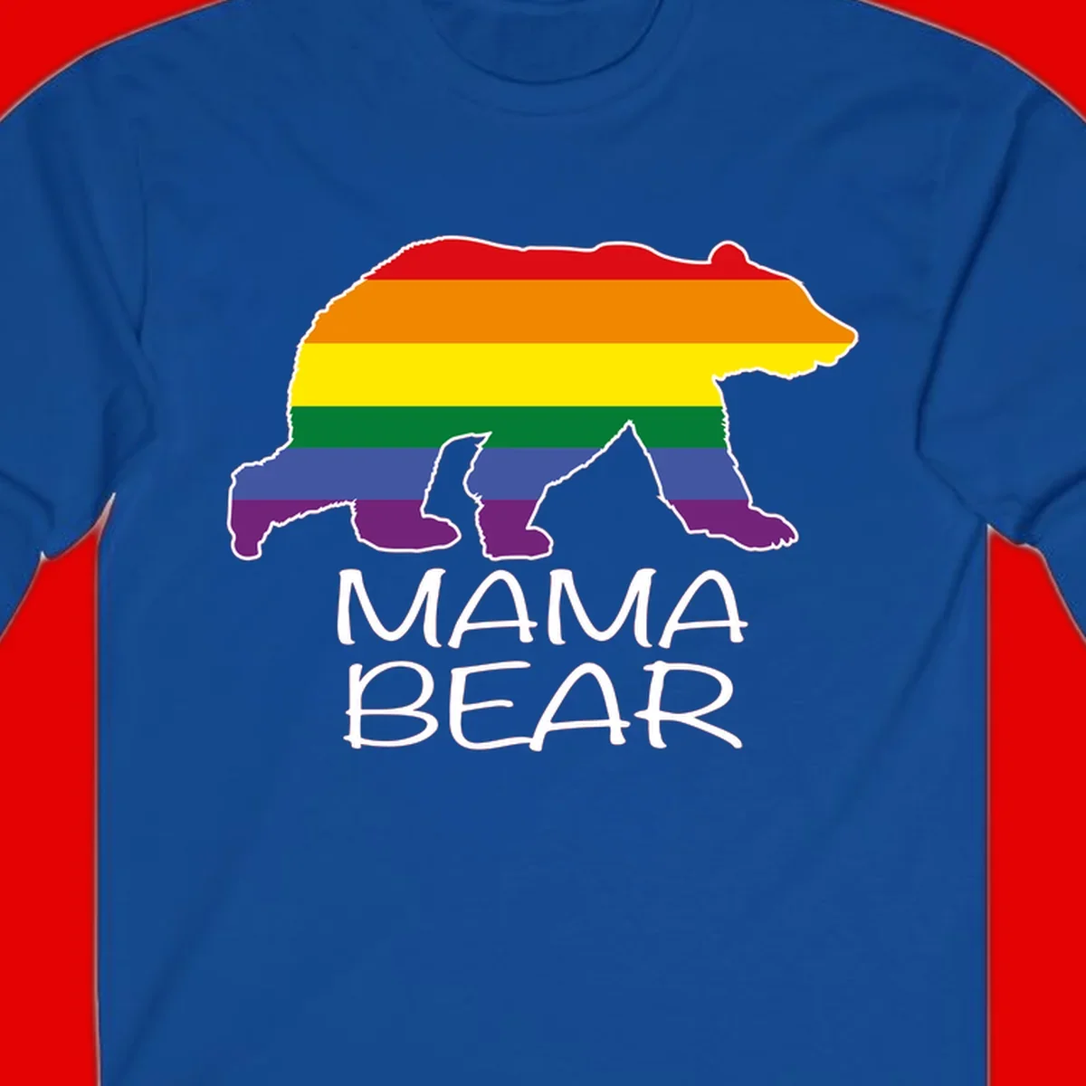 Mama bear silhouette with rainbow pride stripes and mountain details, with 'MAMA BEAR' text below