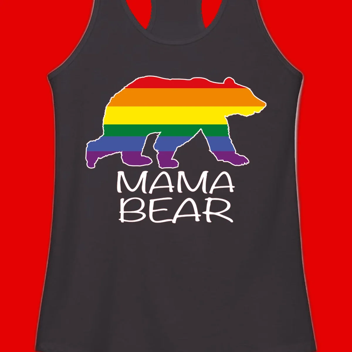 Mama bear silhouette with rainbow pride stripes and mountain details, with 'MAMA BEAR' text below