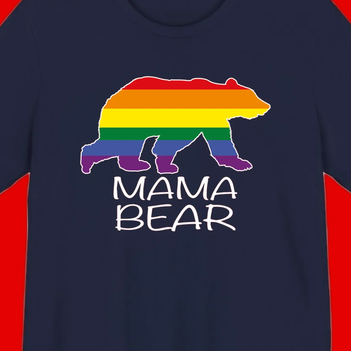 Mama bear silhouette with rainbow pride stripes and mountain details, with 'MAMA BEAR' text below