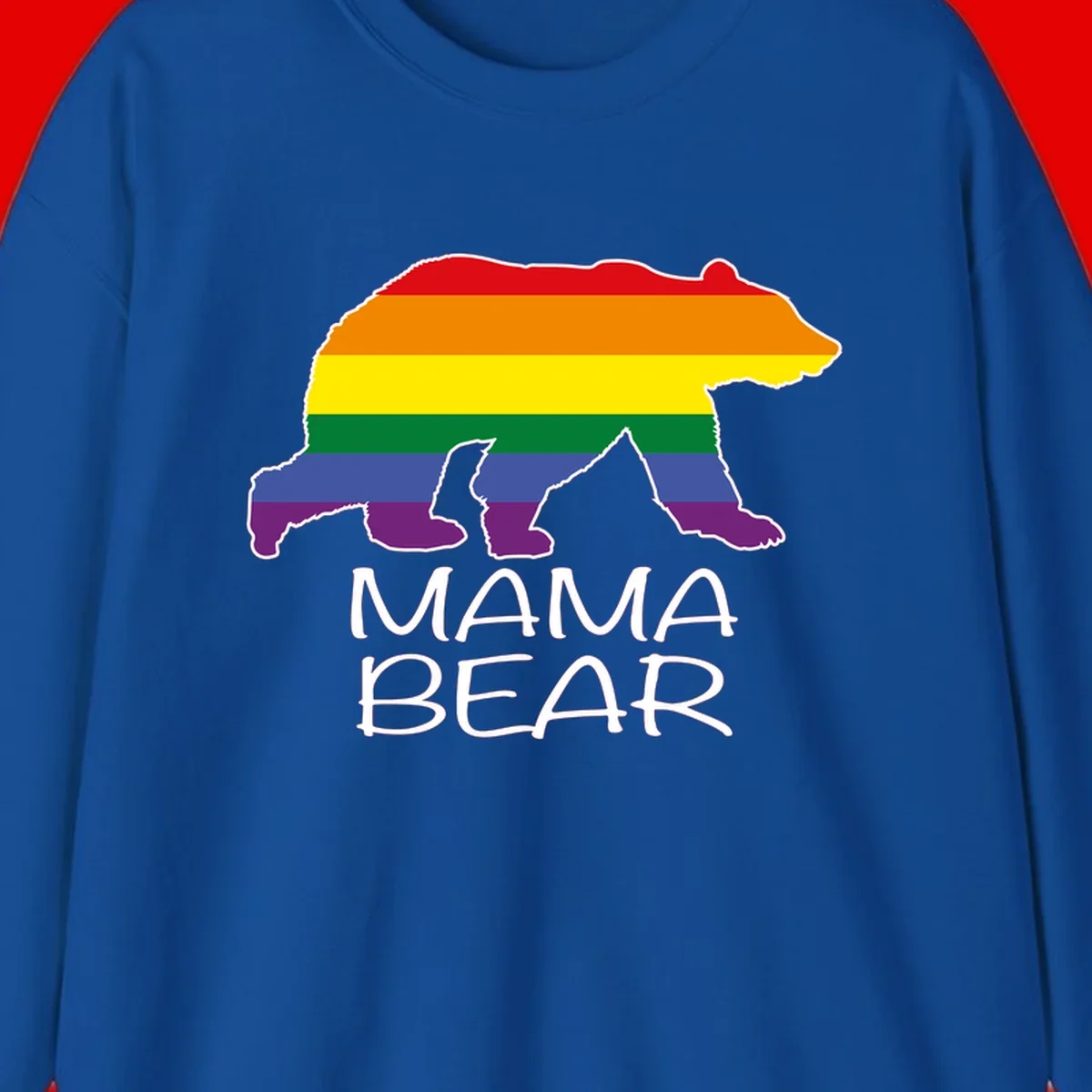 Mama bear silhouette with rainbow pride stripes and mountain details, with 'MAMA BEAR' text below