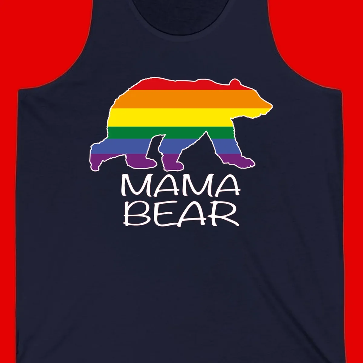Mama bear silhouette with rainbow pride stripes and mountain details, with 'MAMA BEAR' text below