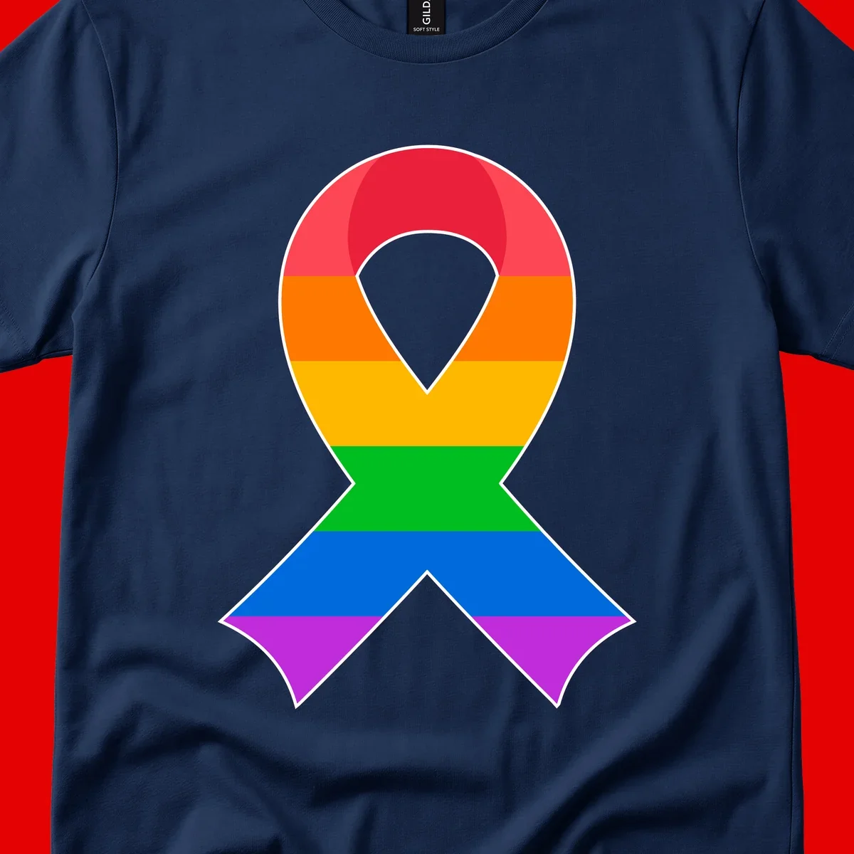 Rainbow pride awareness ribbon with horizontal stripes in red, orange, yellow, green, blue, and purple colors