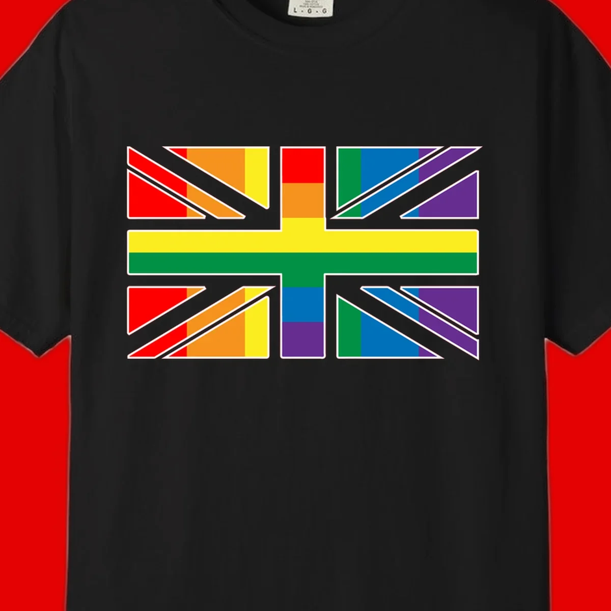 Pride geometric rainbow design with bold triangles and diagonal stripes in red, orange, yellow, green, blue, and purple