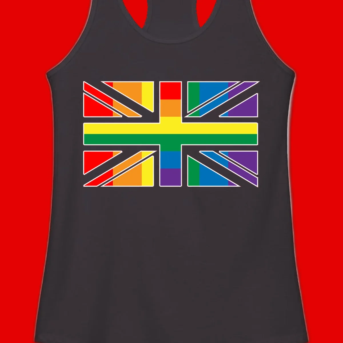 Pride geometric rainbow design with bold triangles and diagonal stripes in red, orange, yellow, green, blue, and purple