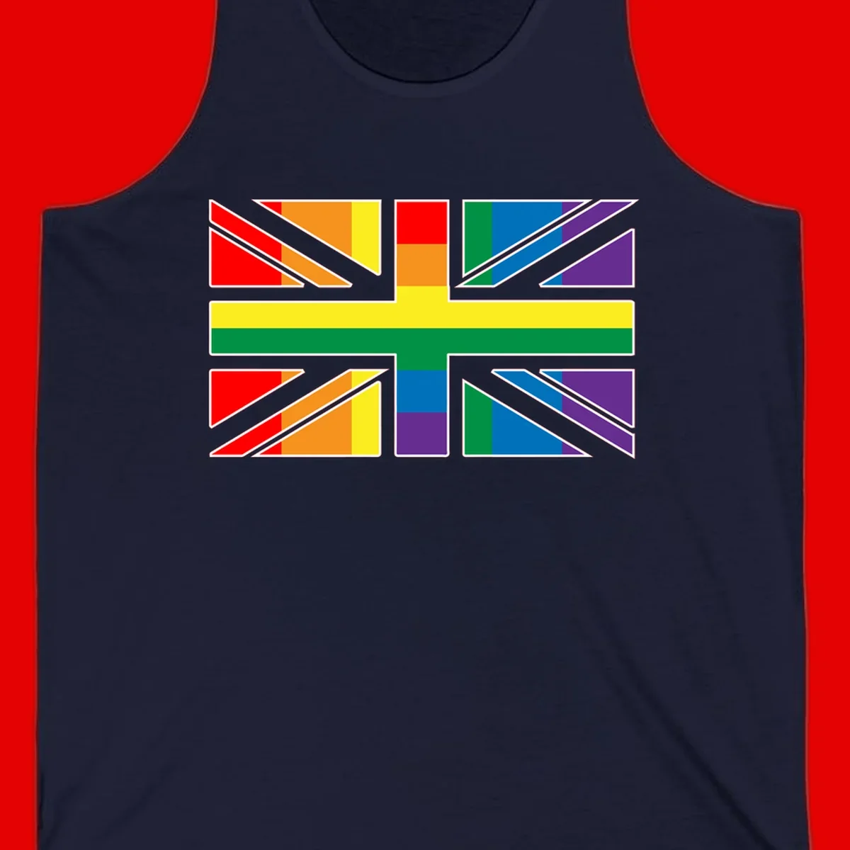 Pride geometric rainbow design with bold triangles and diagonal stripes in red, orange, yellow, green, blue, and purple