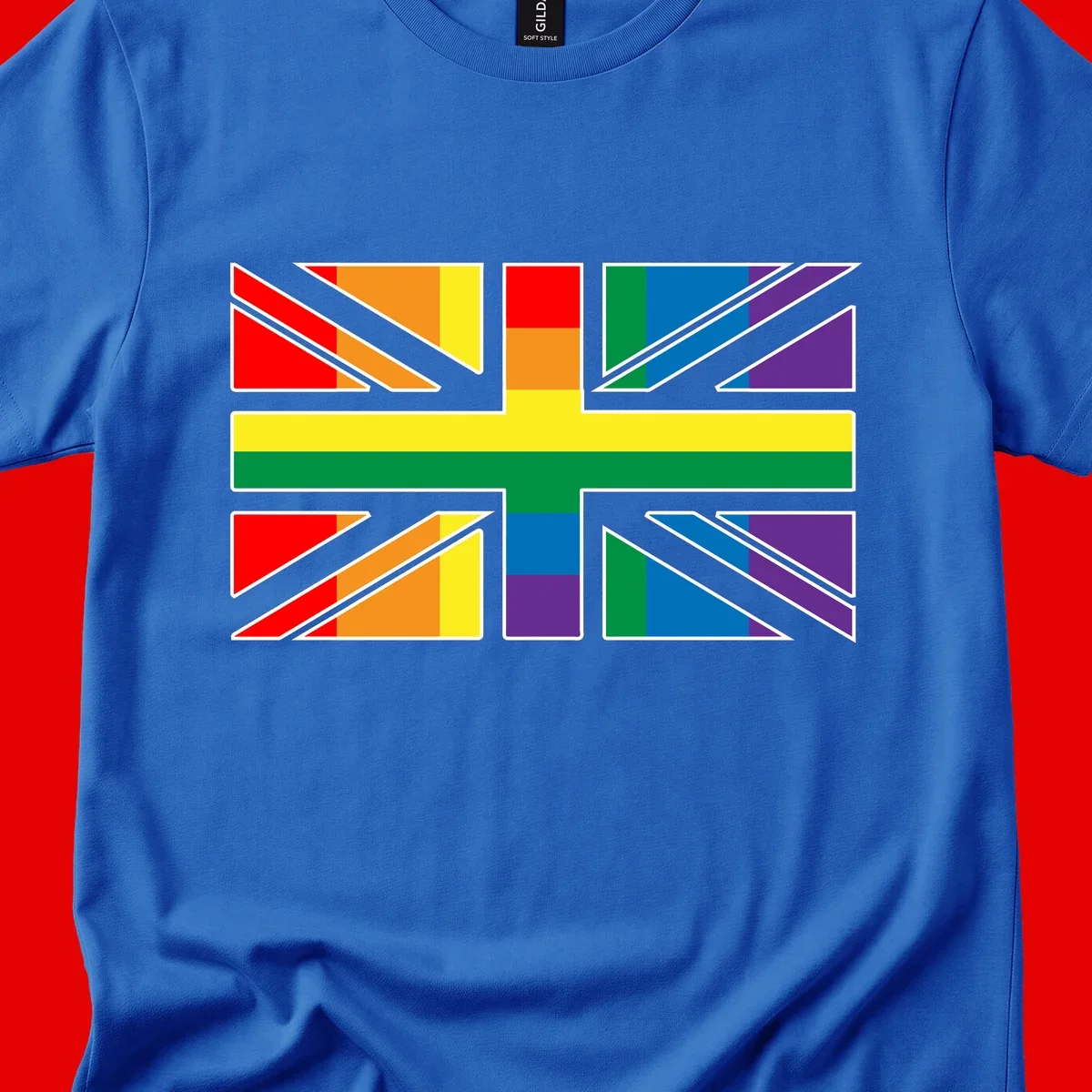 Pride geometric rainbow design with bold triangles and diagonal stripes in red, orange, yellow, green, blue, and purple