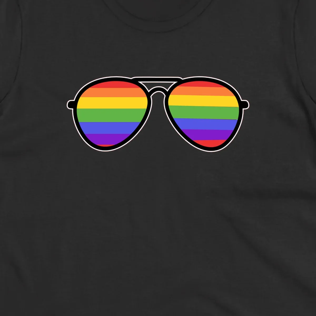 Pair of aviator sunglasses with rainbow-striped lenses in pride flag colors on gray background