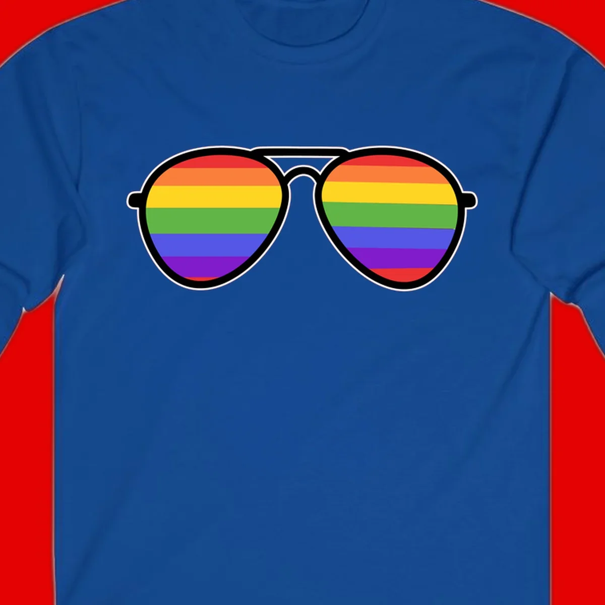 Pair of aviator sunglasses with rainbow-striped lenses in pride flag colors on gray background