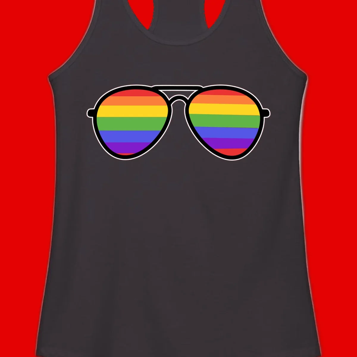 Pair of aviator sunglasses with rainbow-striped lenses in pride flag colors on gray background