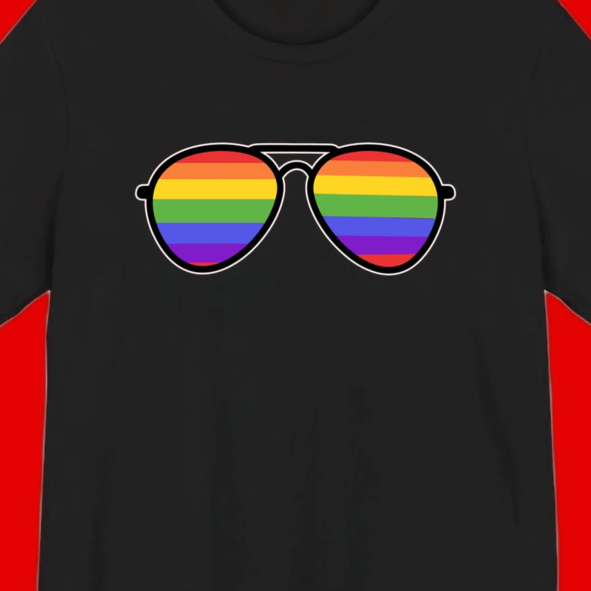 Pair of aviator sunglasses with rainbow-striped lenses in pride flag colors on gray background