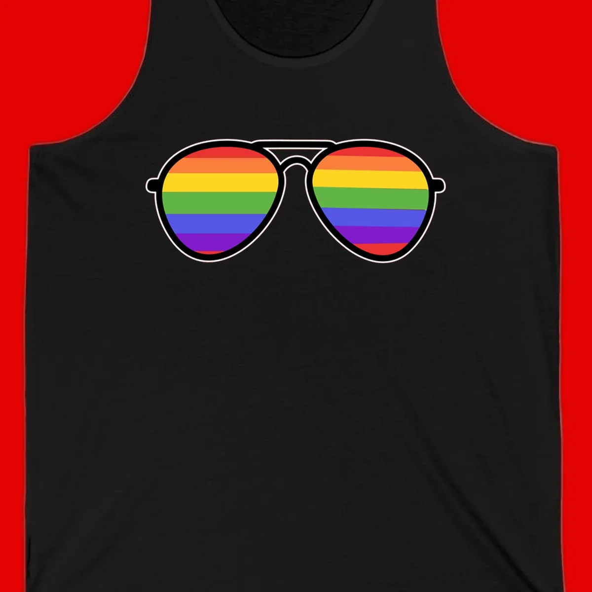Pair of aviator sunglasses with rainbow-striped lenses in pride flag colors on gray background