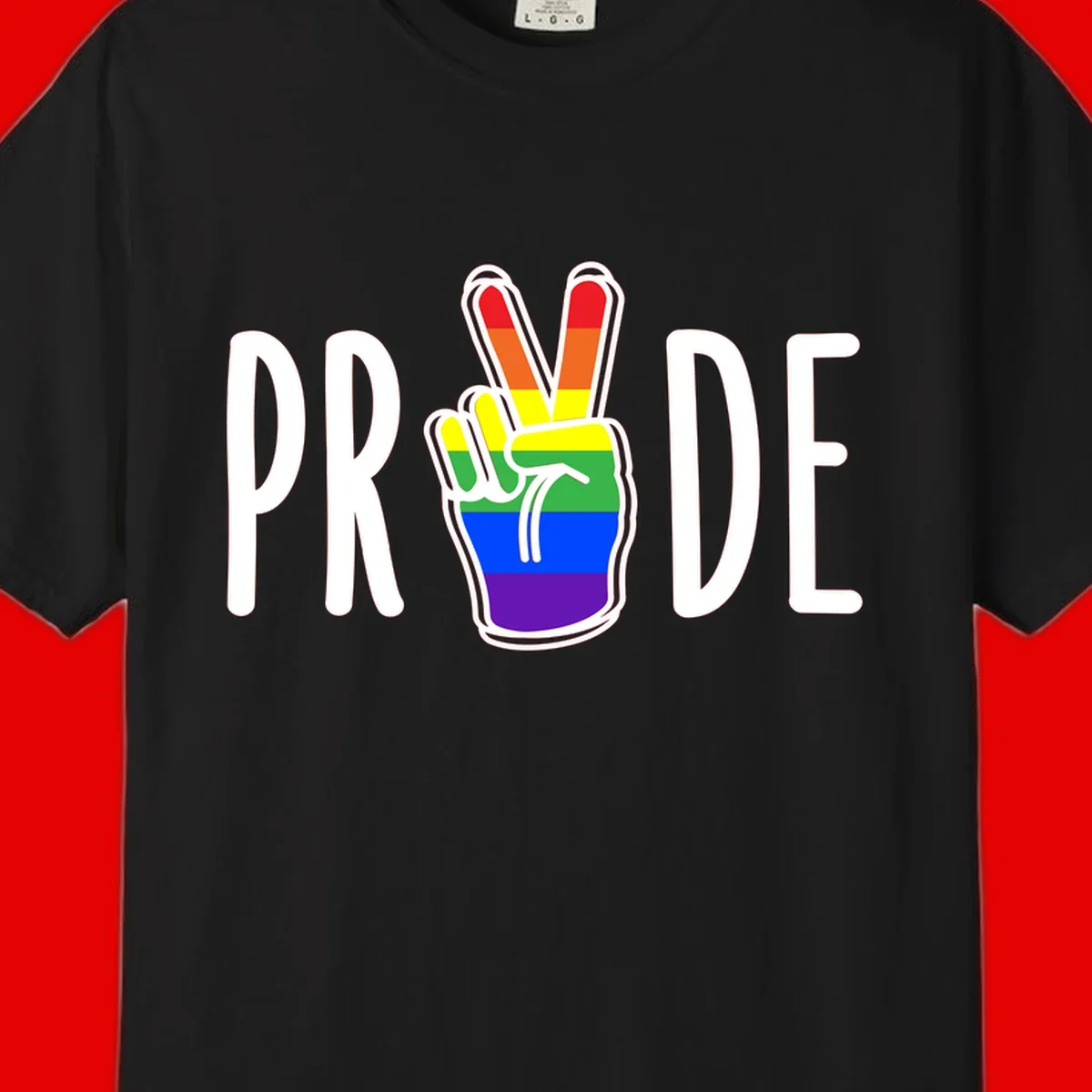 Pride peace hand rainbow design with colorful peace gesture and PRIDE text