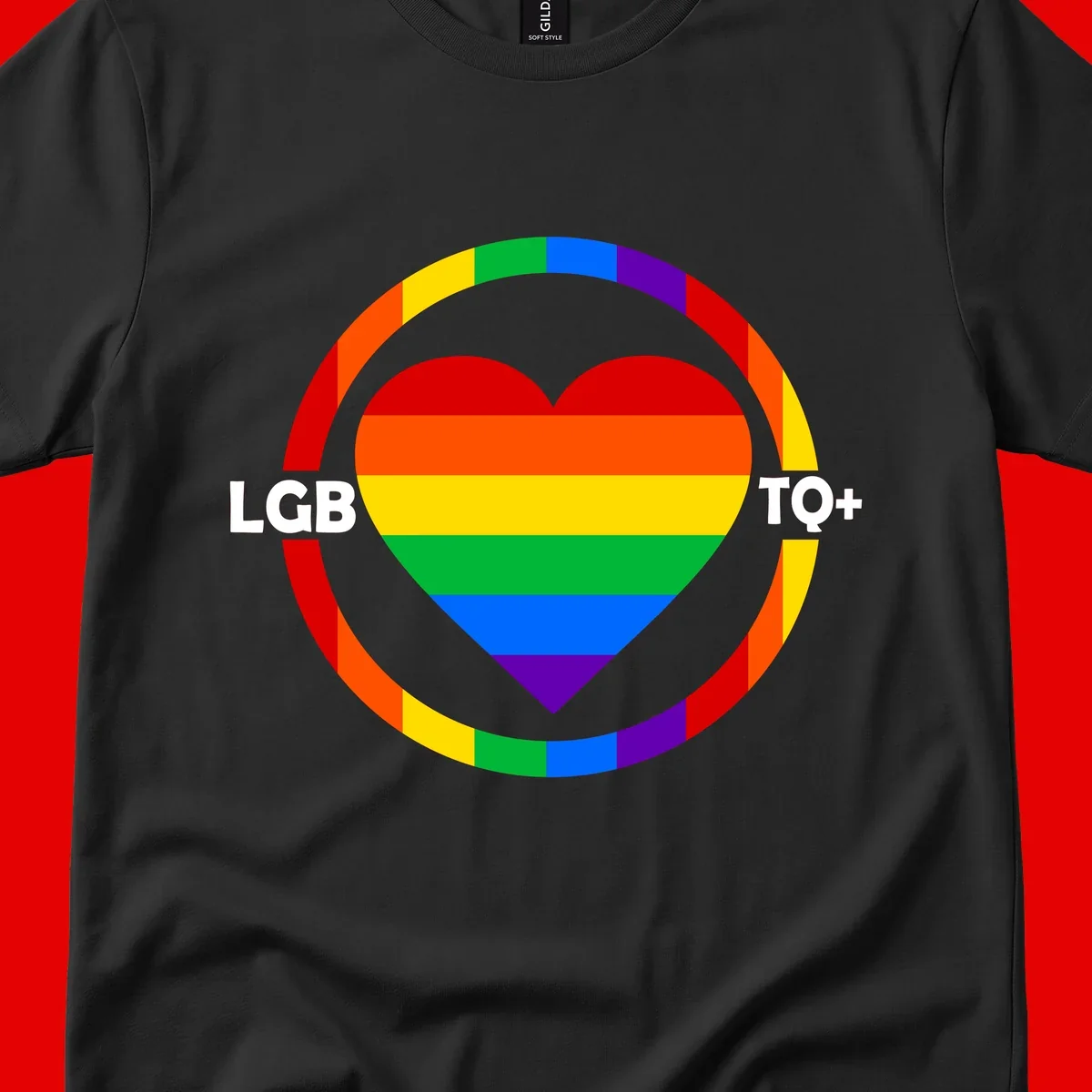 Rainbow heart with LGB TO+ text in concentric pride circles on gray background