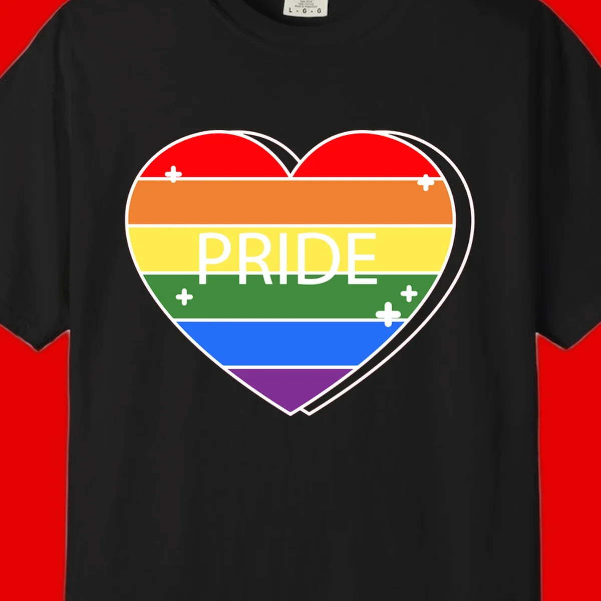 Rainbow pride heart with horizontal stripes and white 'PRIDE' text, featuring scattered plus signs and bold outline