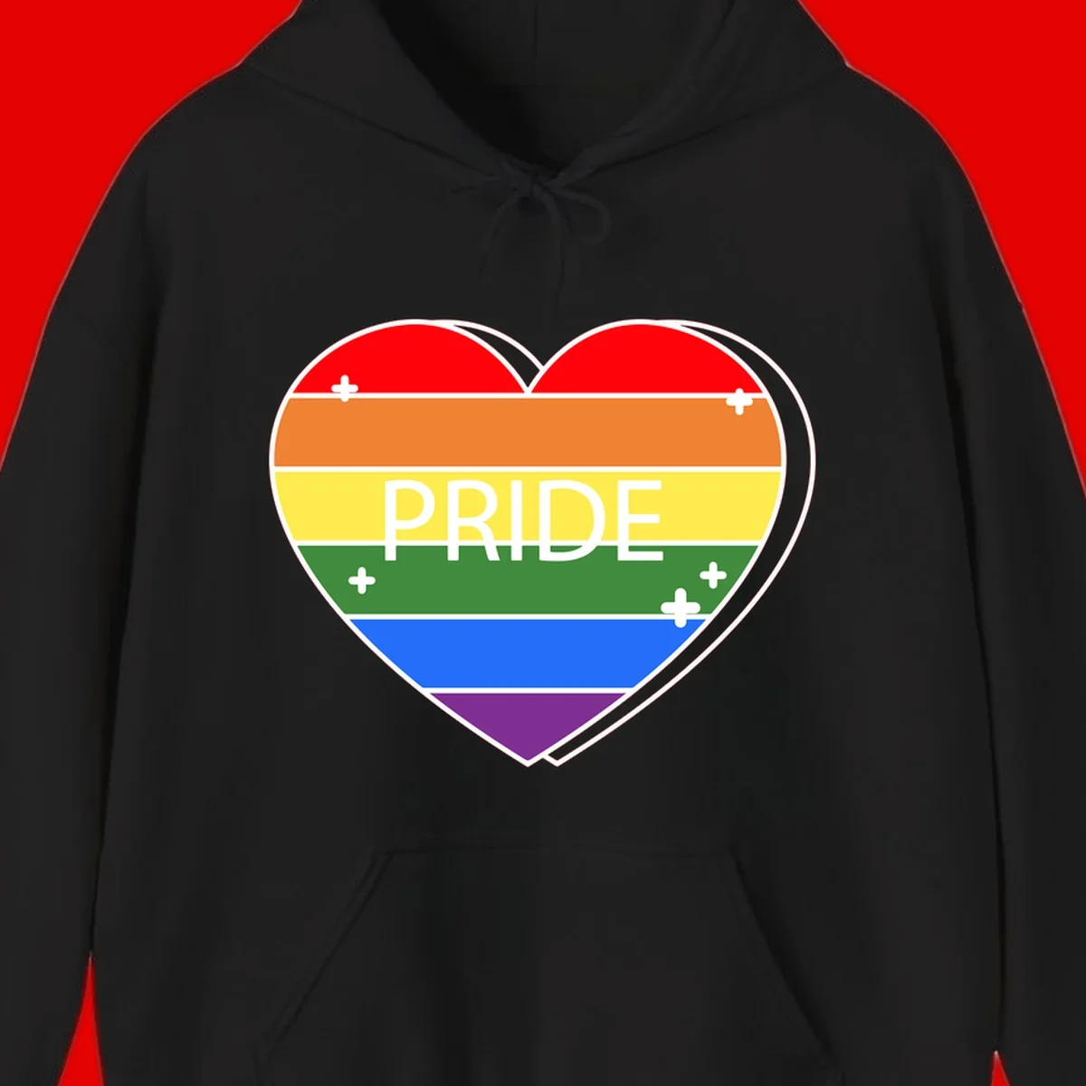 Rainbow pride heart with horizontal stripes and white 'PRIDE' text, featuring scattered plus signs and bold outline