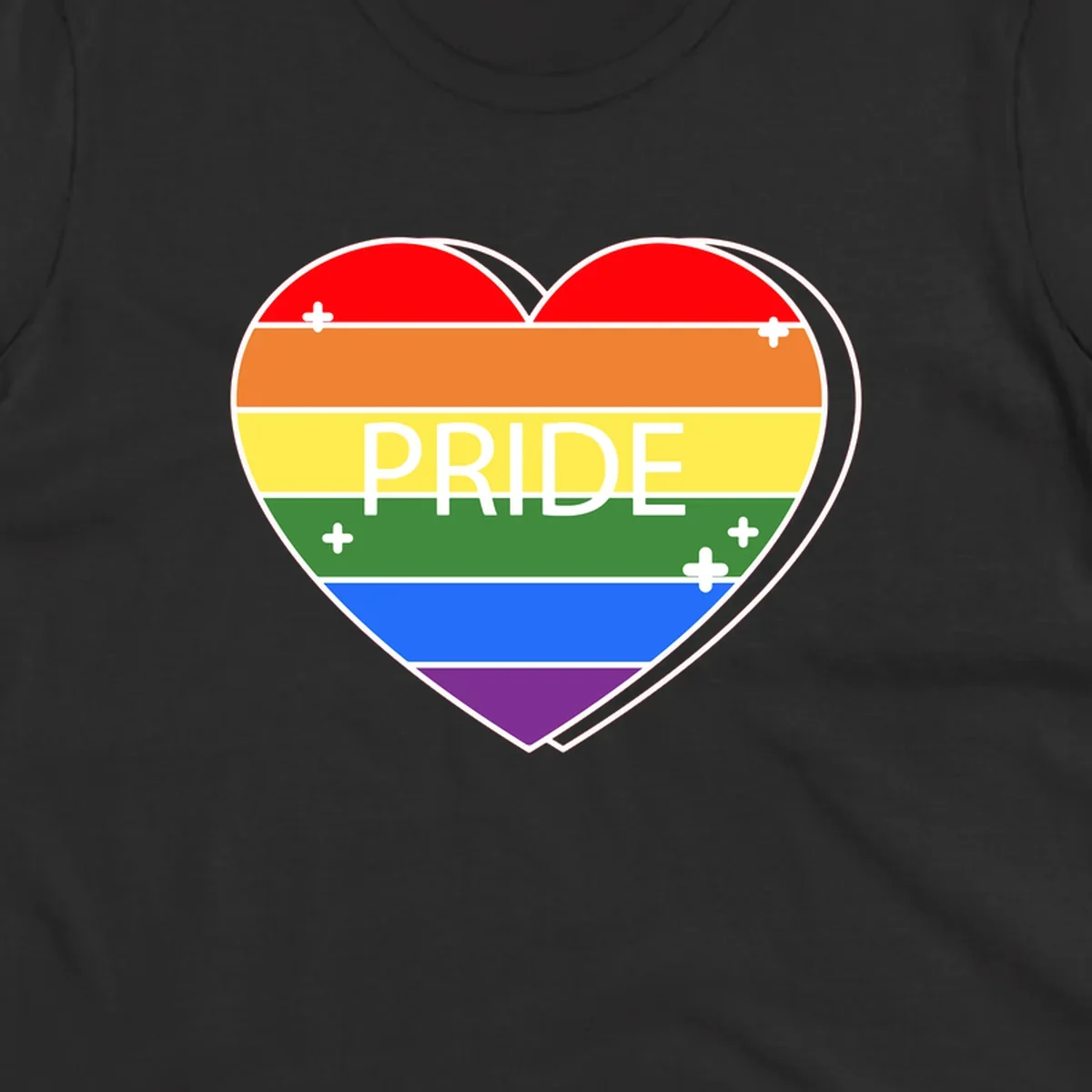 Rainbow pride heart with horizontal stripes and white 'PRIDE' text, featuring scattered plus signs and bold outline