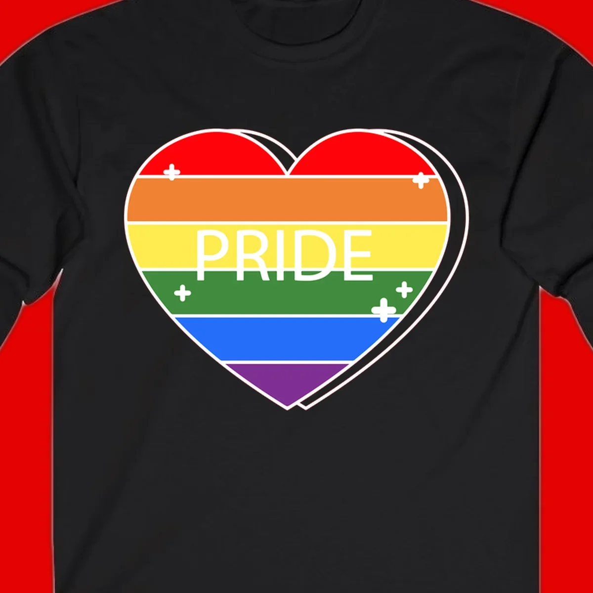 Rainbow pride heart with horizontal stripes and white 'PRIDE' text, featuring scattered plus signs and bold outline