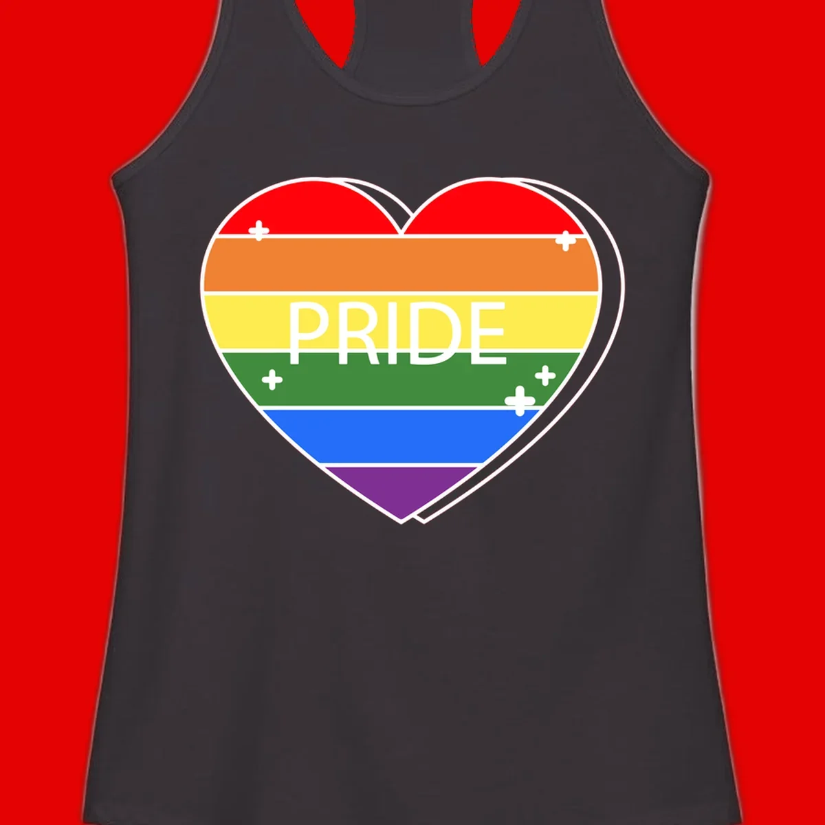 Rainbow pride heart with horizontal stripes and white 'PRIDE' text, featuring scattered plus signs and bold outline