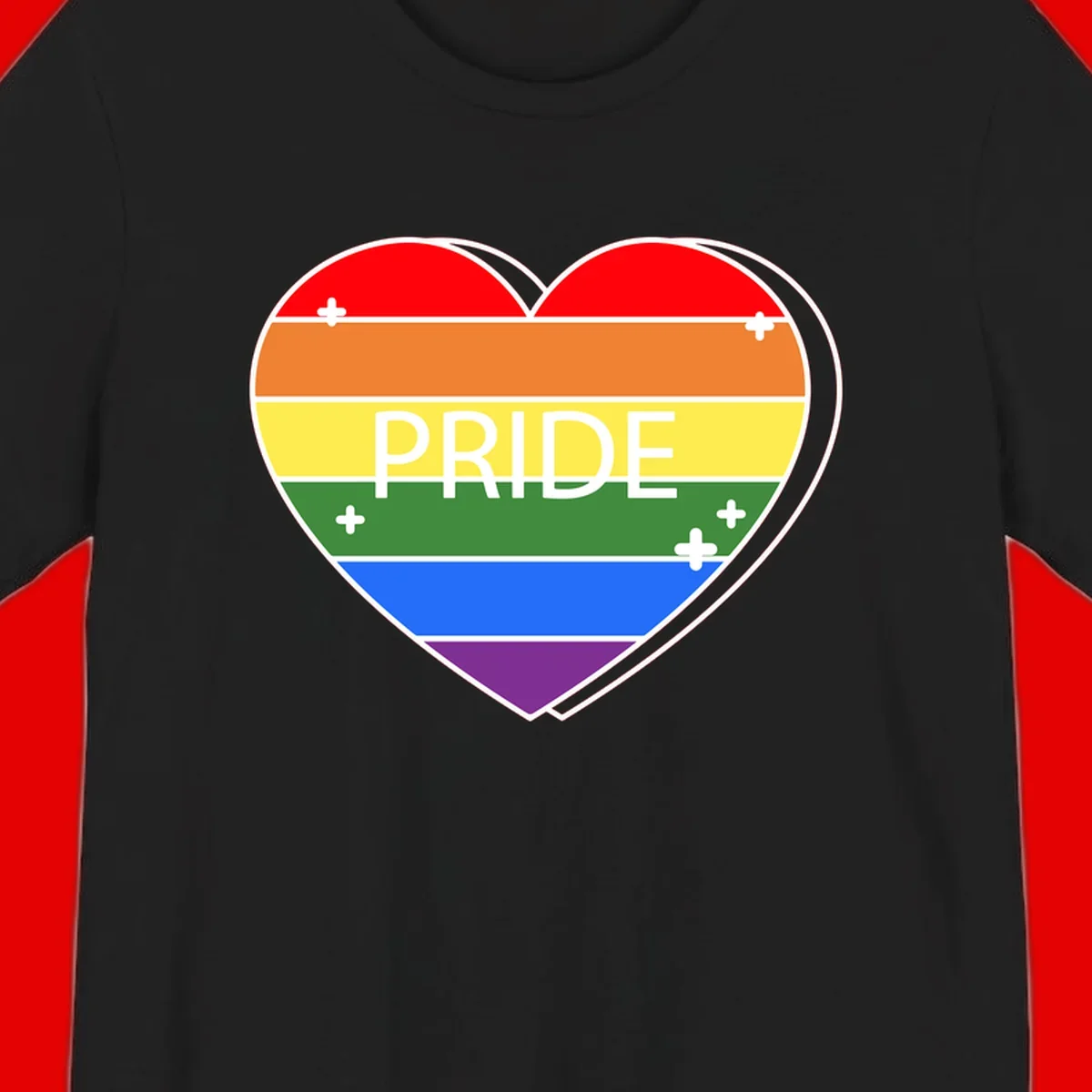 Rainbow pride heart with horizontal stripes and white 'PRIDE' text, featuring scattered plus signs and bold outline