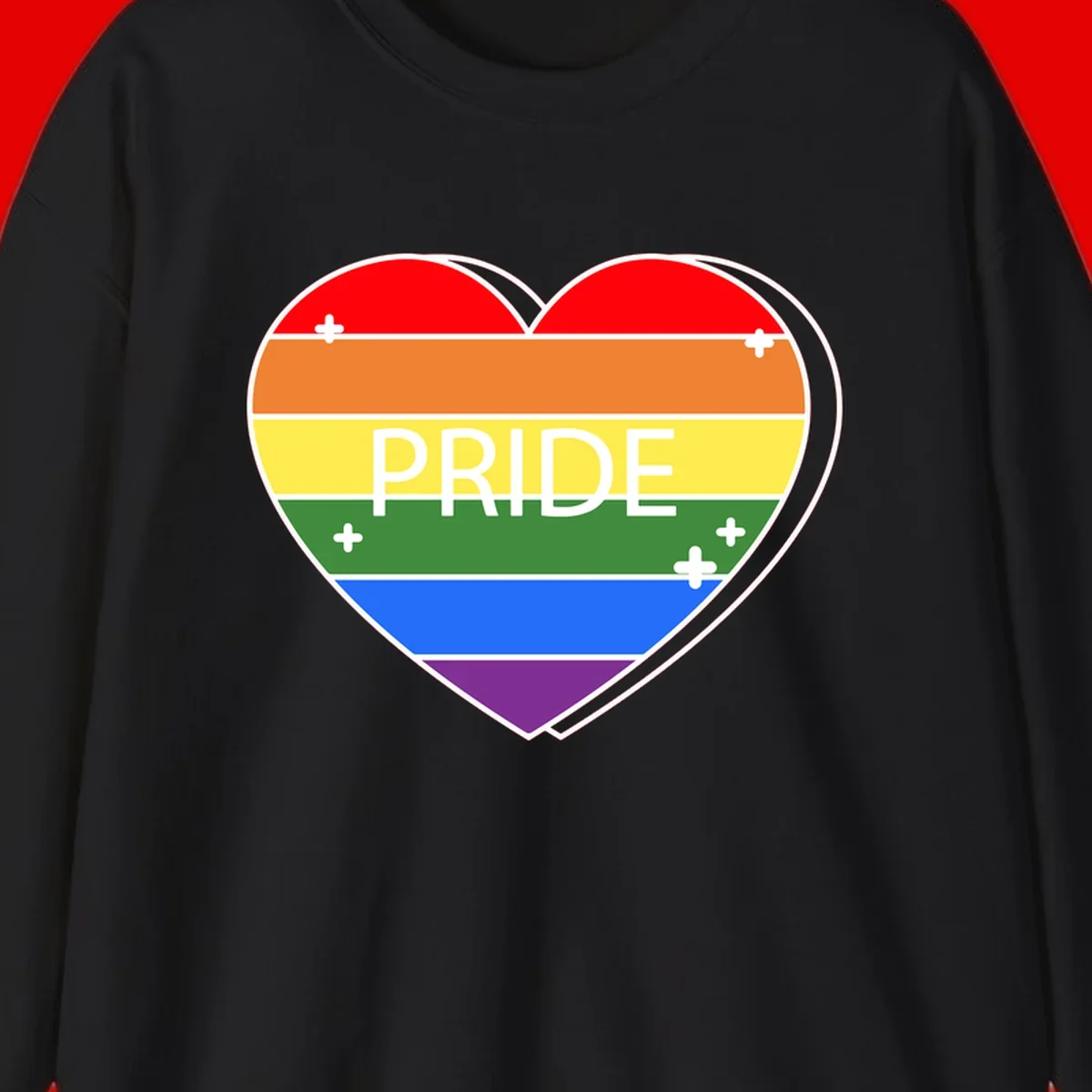 Rainbow pride heart with horizontal stripes and white 'PRIDE' text, featuring scattered plus signs and bold outline