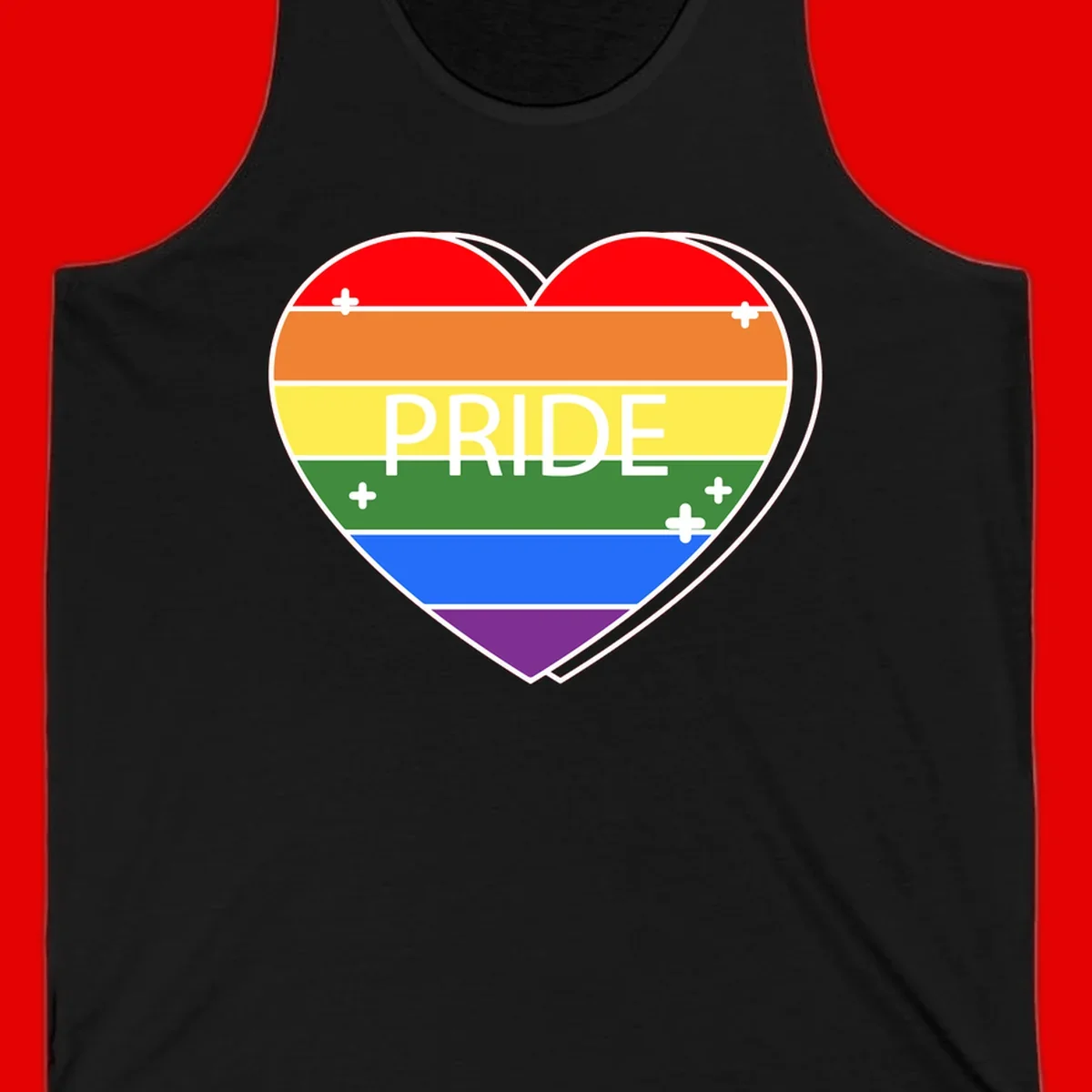 Rainbow pride heart with horizontal stripes and white 'PRIDE' text, featuring scattered plus signs and bold outline