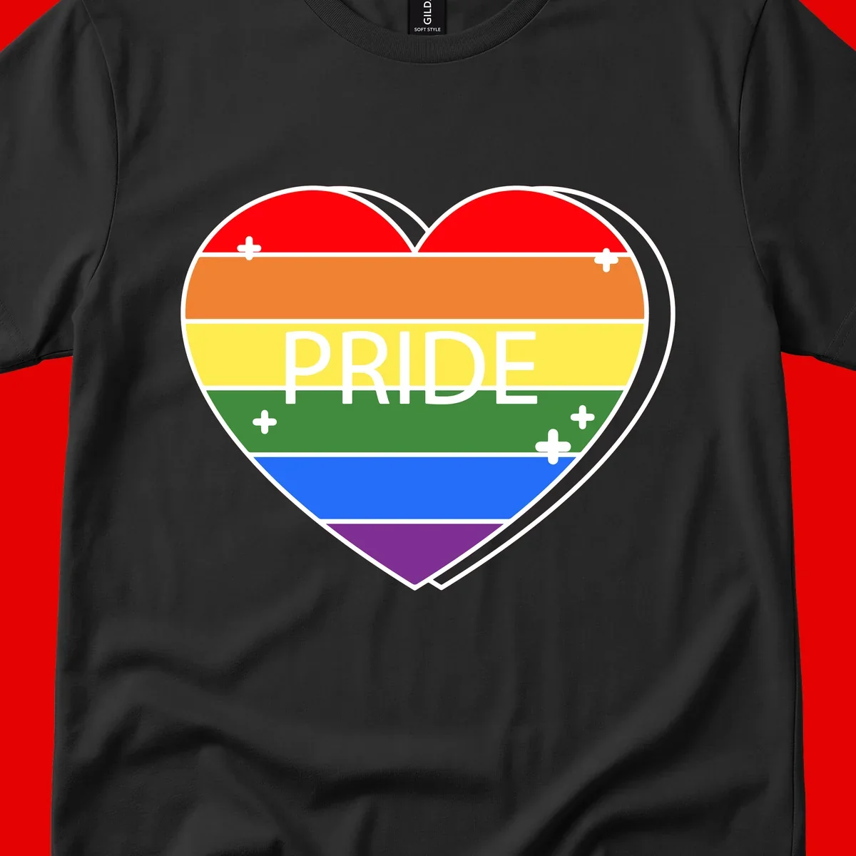 Rainbow pride heart with horizontal stripes and white 'PRIDE' text, featuring scattered plus signs and bold outline