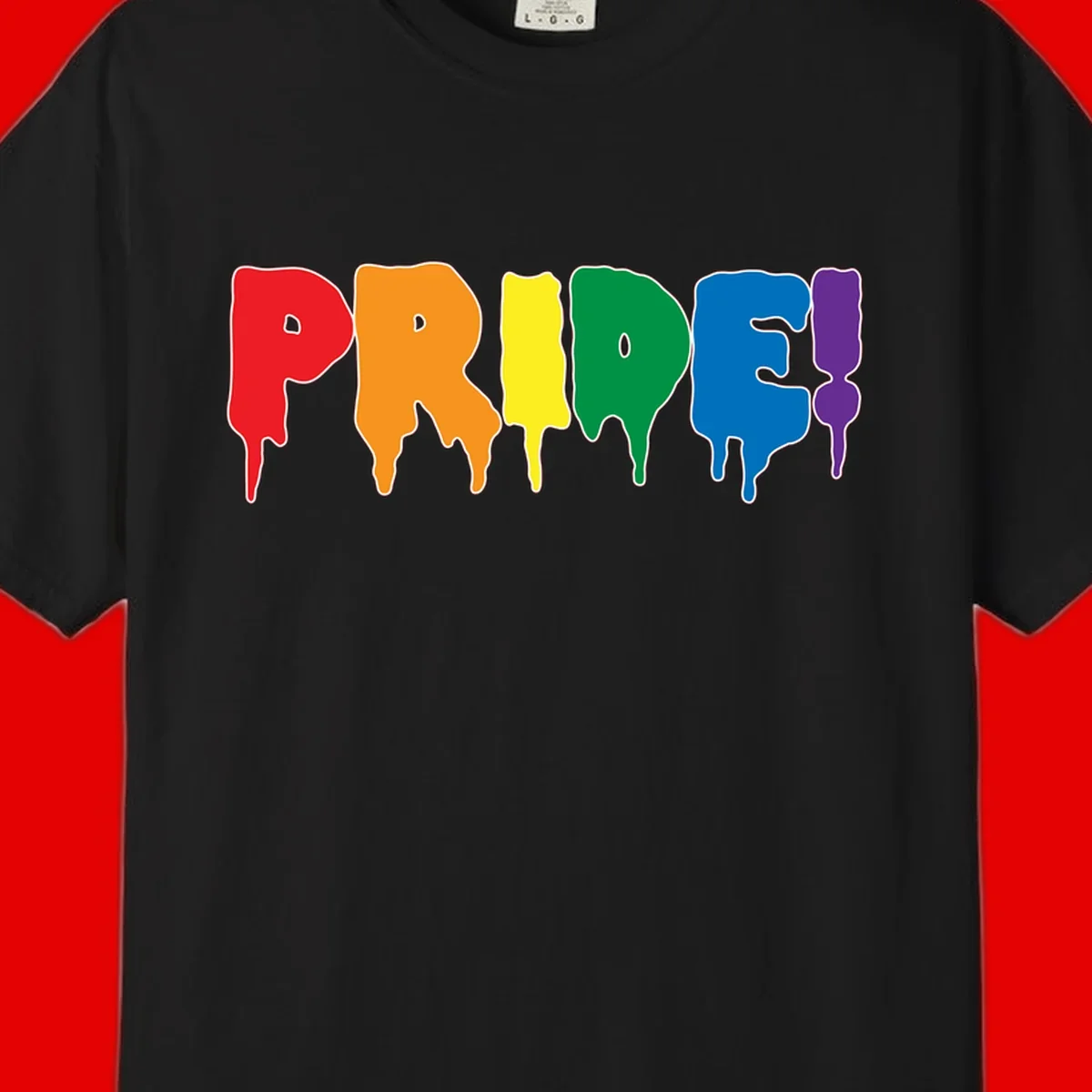 Colorful pride drip rainbow letters spelling PRIDE with melting paint effect in red, orange, yellow, green, blue, and purple