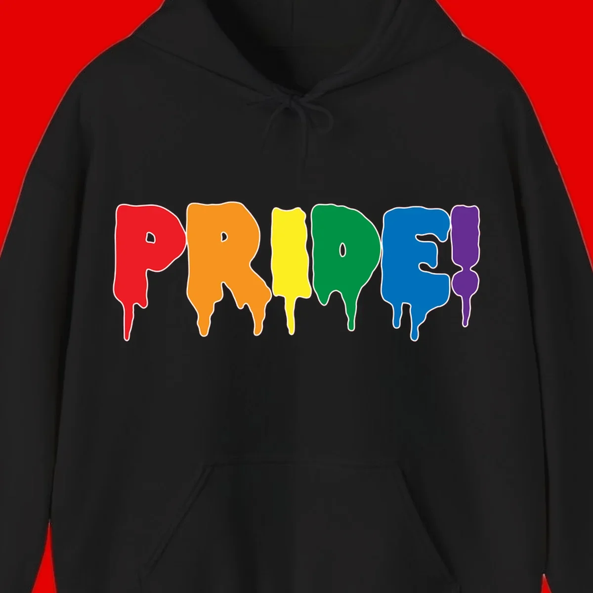 Colorful pride drip rainbow letters spelling PRIDE with melting paint effect in red, orange, yellow, green, blue, and purple