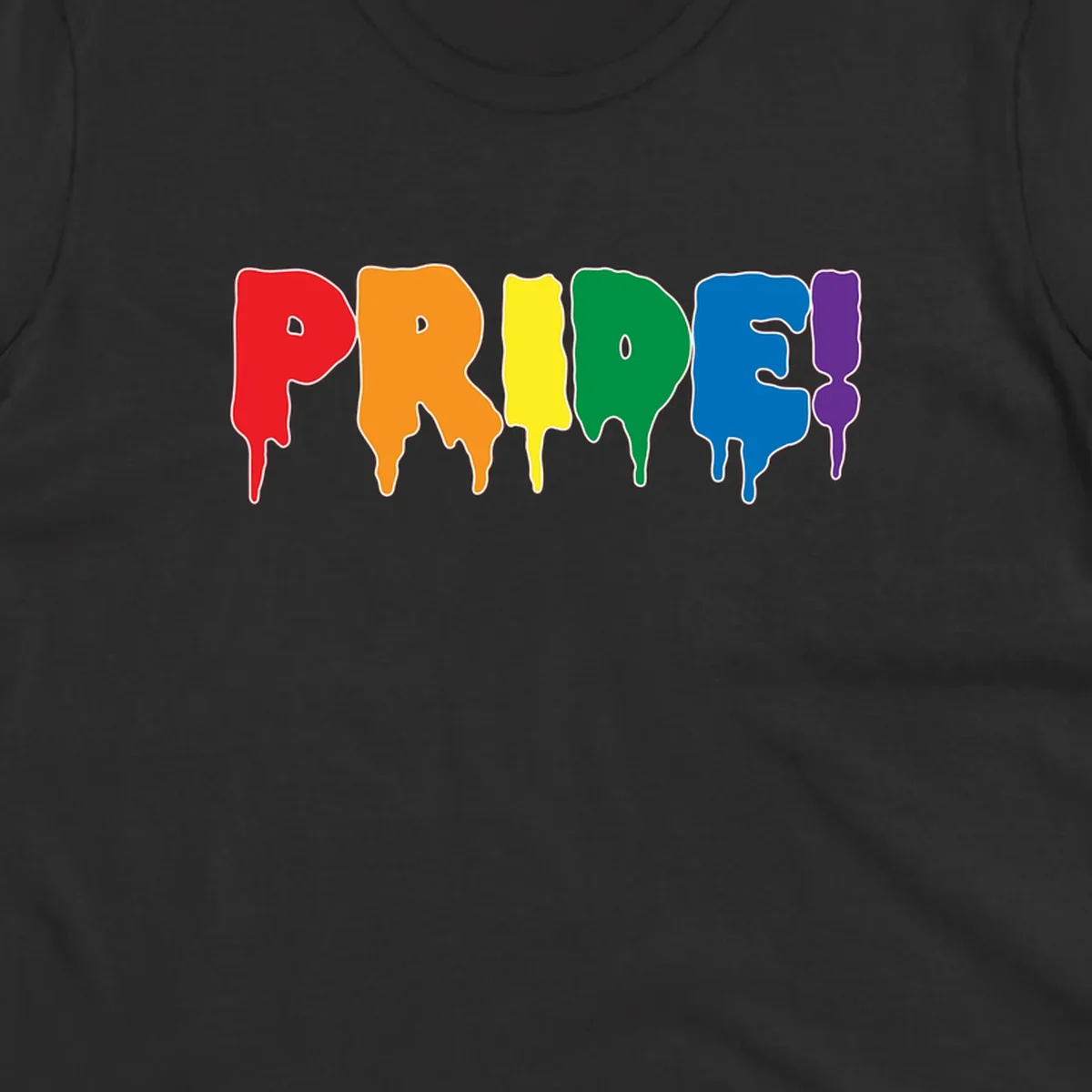 Colorful pride drip rainbow letters spelling PRIDE with melting paint effect in red, orange, yellow, green, blue, and purple