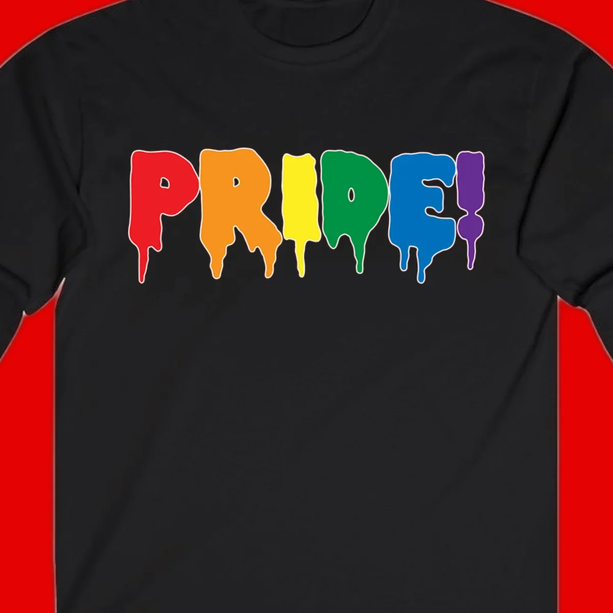 Colorful pride drip rainbow letters spelling PRIDE with melting paint effect in red, orange, yellow, green, blue, and purple