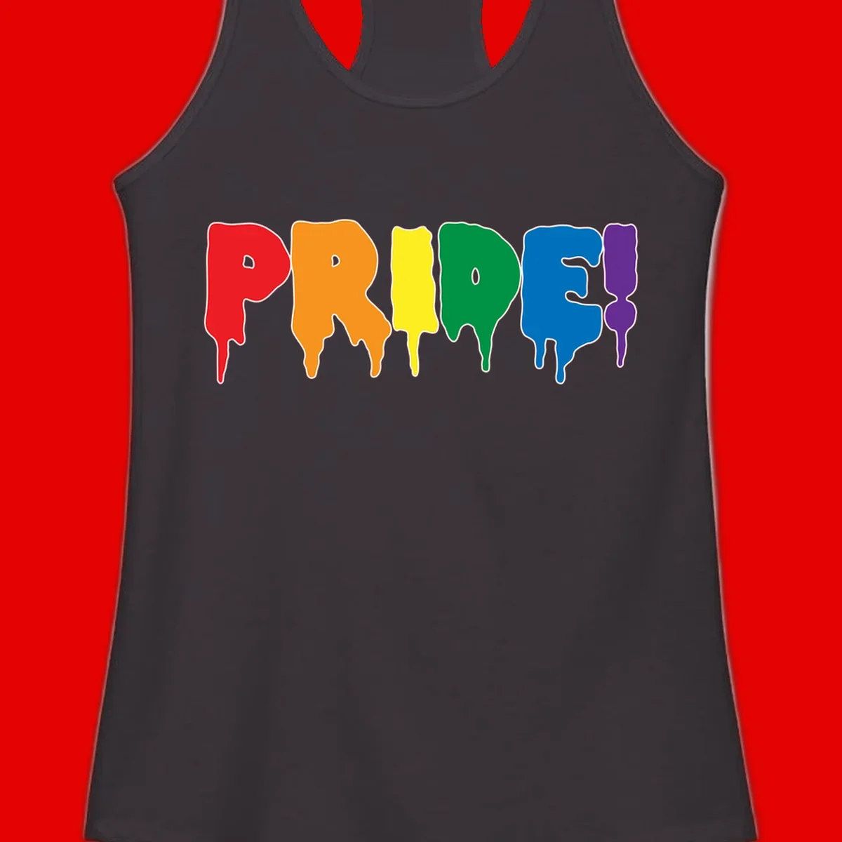 Colorful pride drip rainbow letters spelling PRIDE with melting paint effect in red, orange, yellow, green, blue, and purple