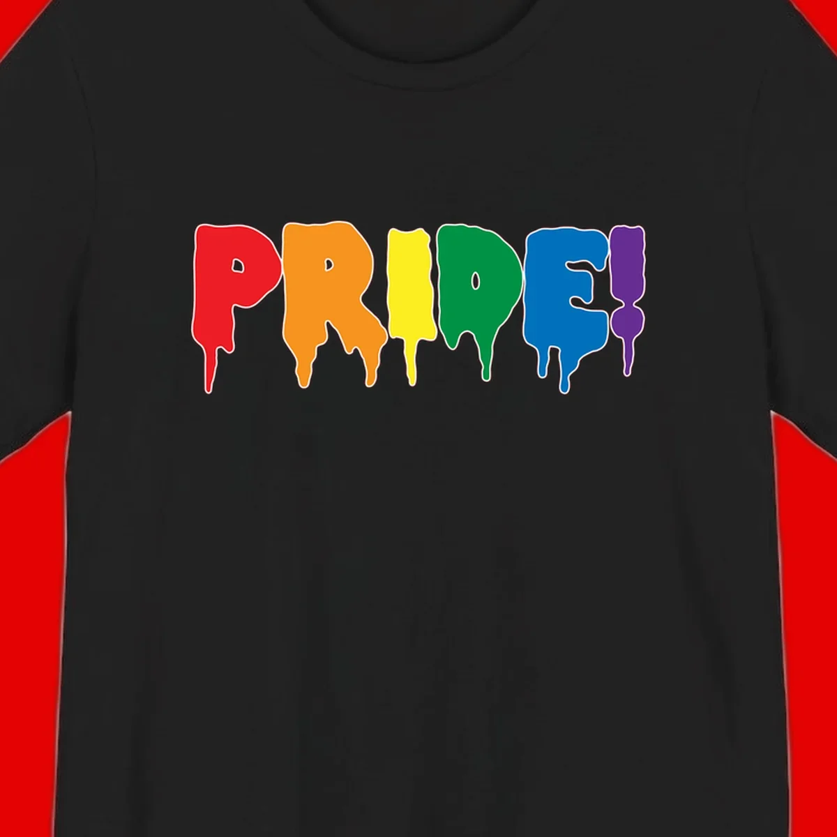 Colorful pride drip rainbow letters spelling PRIDE with melting paint effect in red, orange, yellow, green, blue, and purple