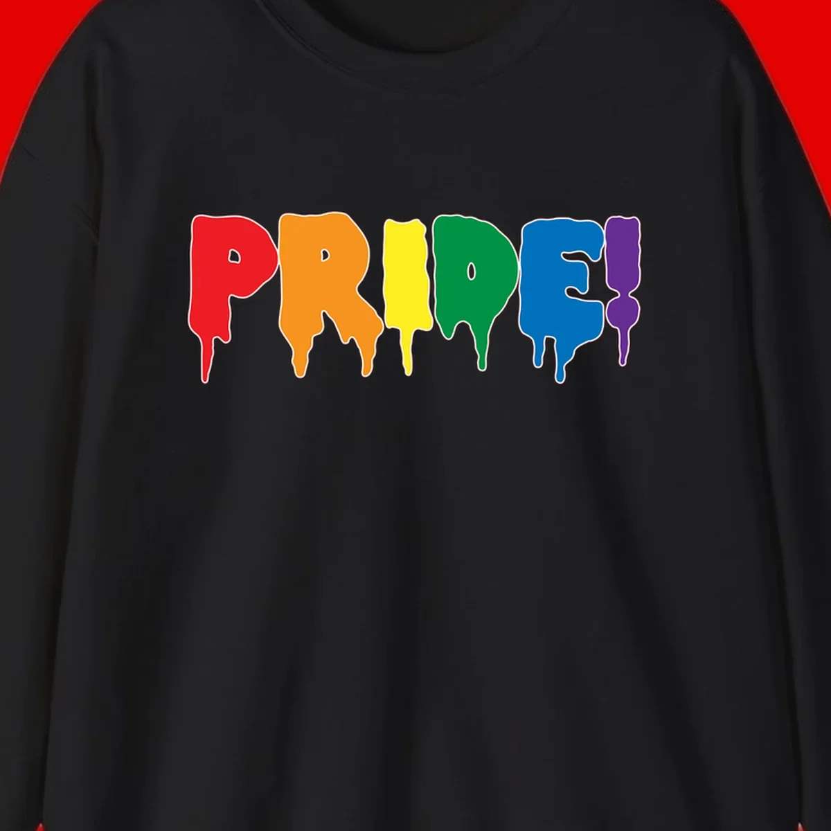 Colorful pride drip rainbow letters spelling PRIDE with melting paint effect in red, orange, yellow, green, blue, and purple