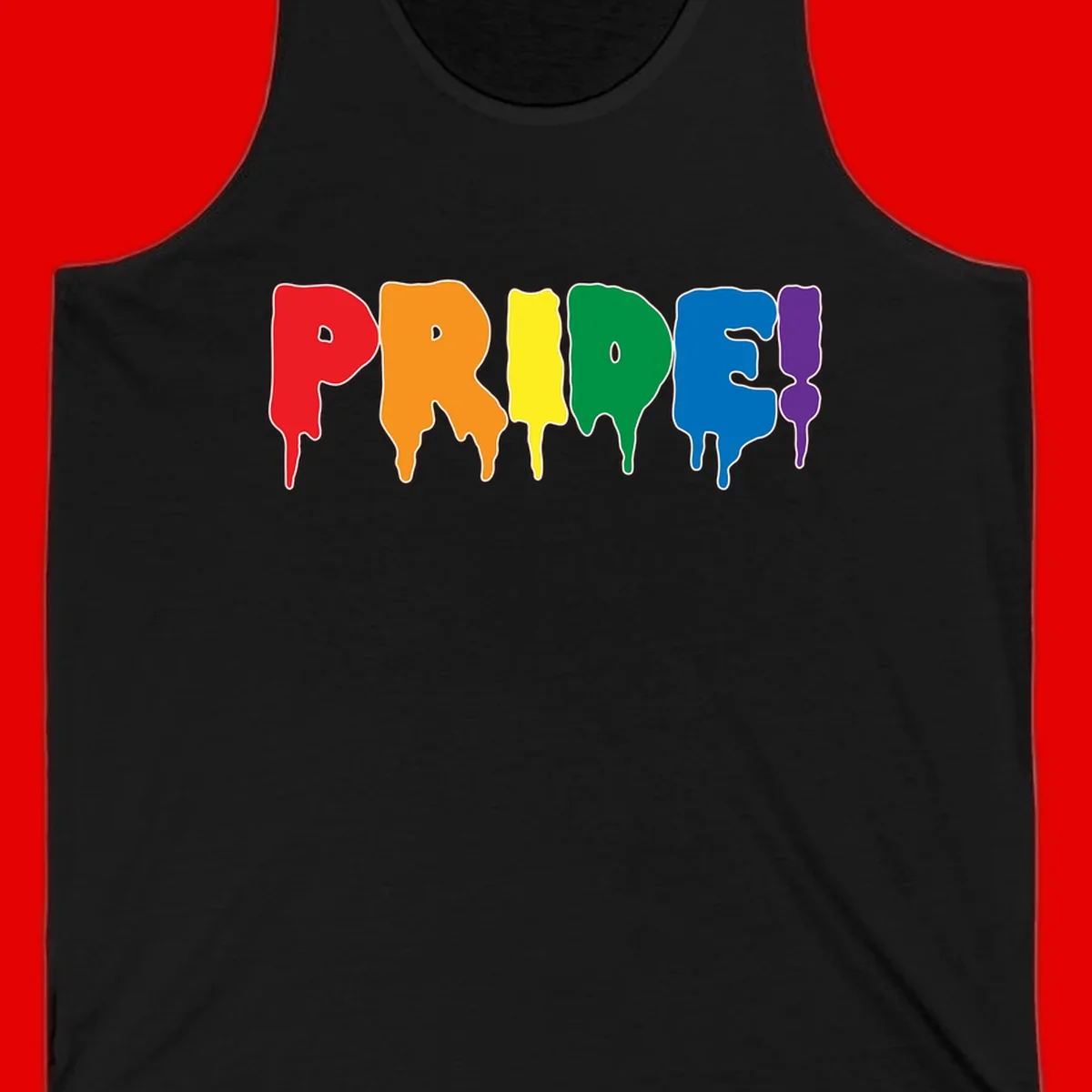 Colorful pride drip rainbow letters spelling PRIDE with melting paint effect in red, orange, yellow, green, blue, and purple