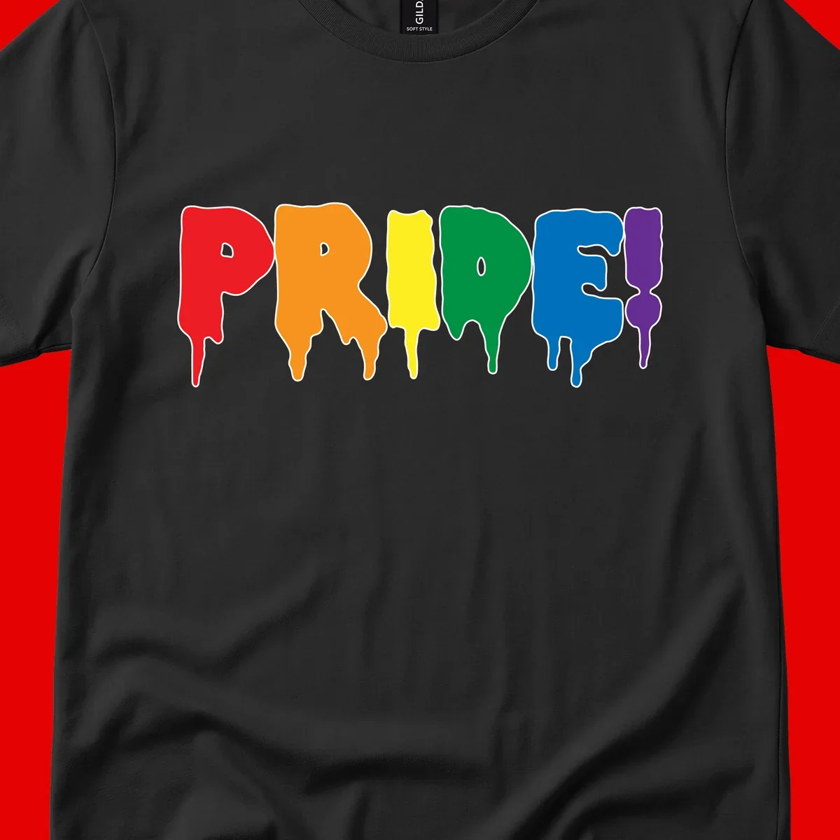 Colorful pride drip rainbow letters spelling PRIDE with melting paint effect in red, orange, yellow, green, blue, and purple