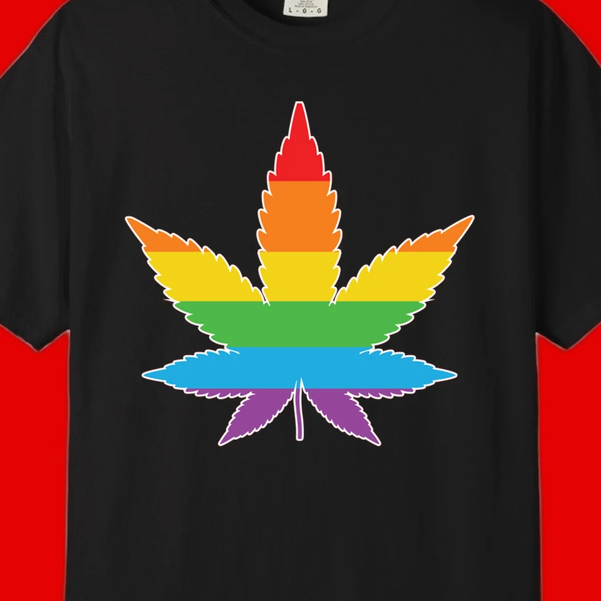 Rainbow-striped cannabis leaf with red, orange, yellow, green, blue, and purple horizontal bands and white outline