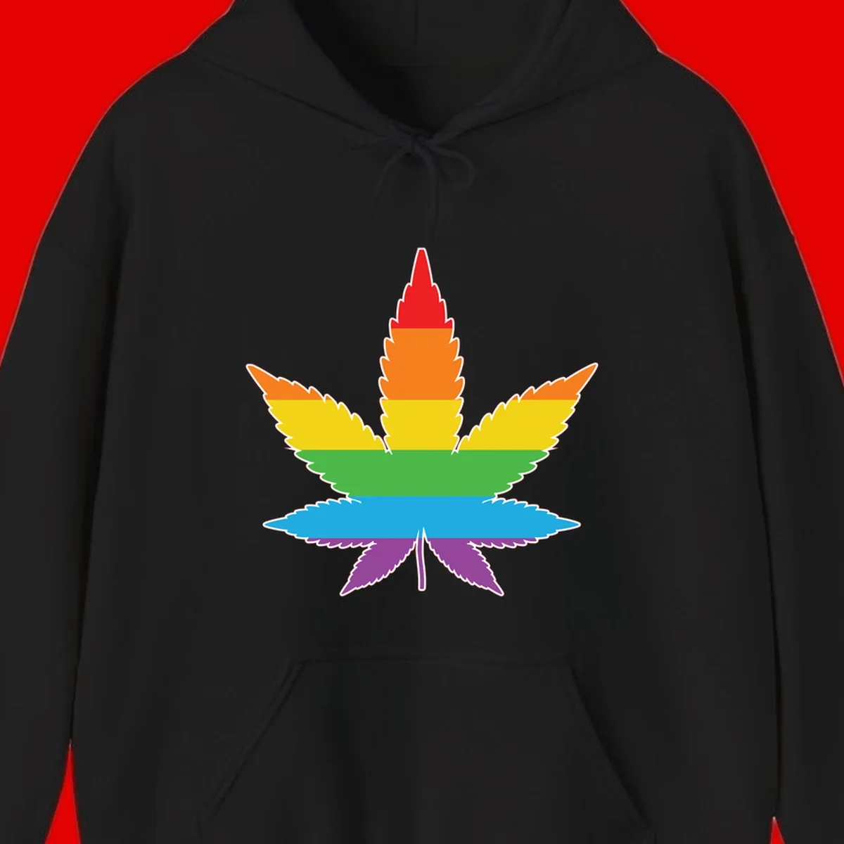 Rainbow-striped cannabis leaf with red, orange, yellow, green, blue, and purple horizontal bands and white outline
