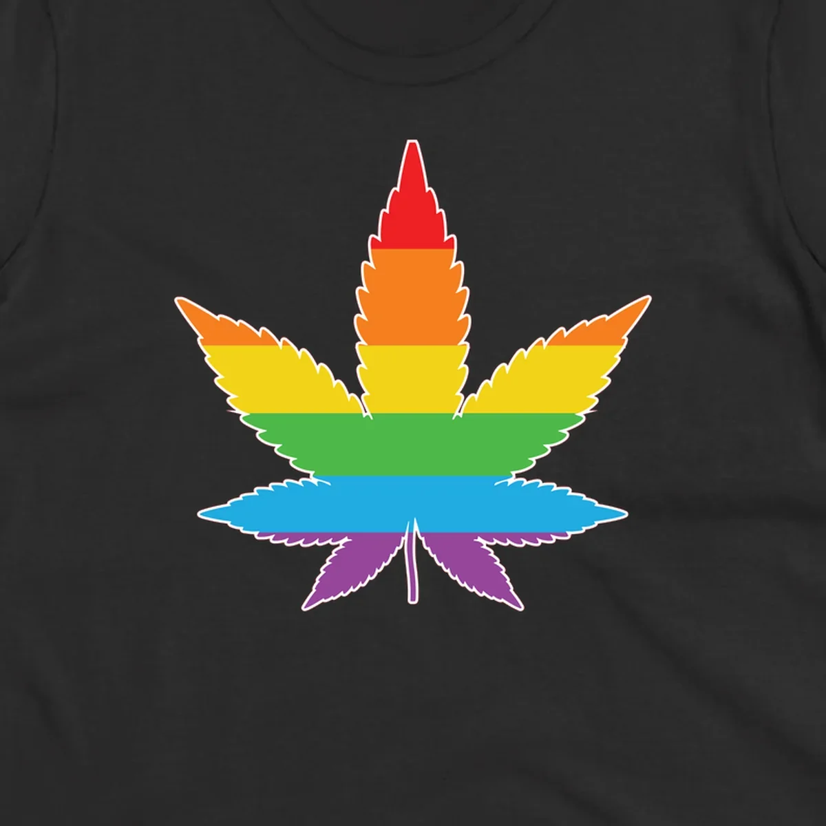 Rainbow-striped cannabis leaf with red, orange, yellow, green, blue, and purple horizontal bands and white outline