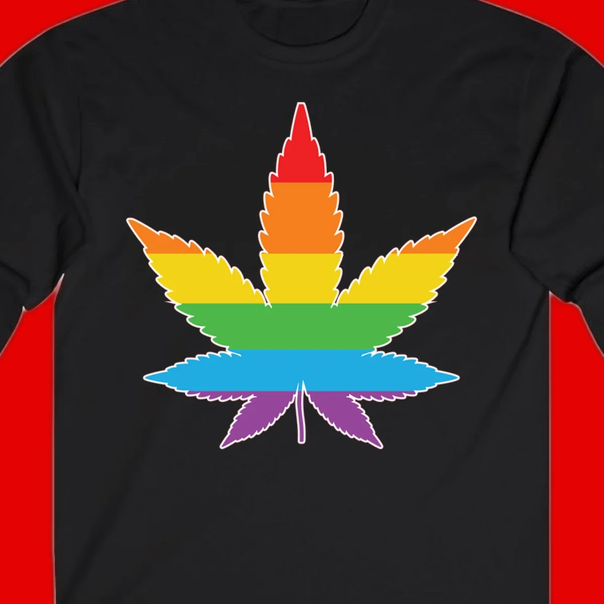 Rainbow-striped cannabis leaf with red, orange, yellow, green, blue, and purple horizontal bands and white outline