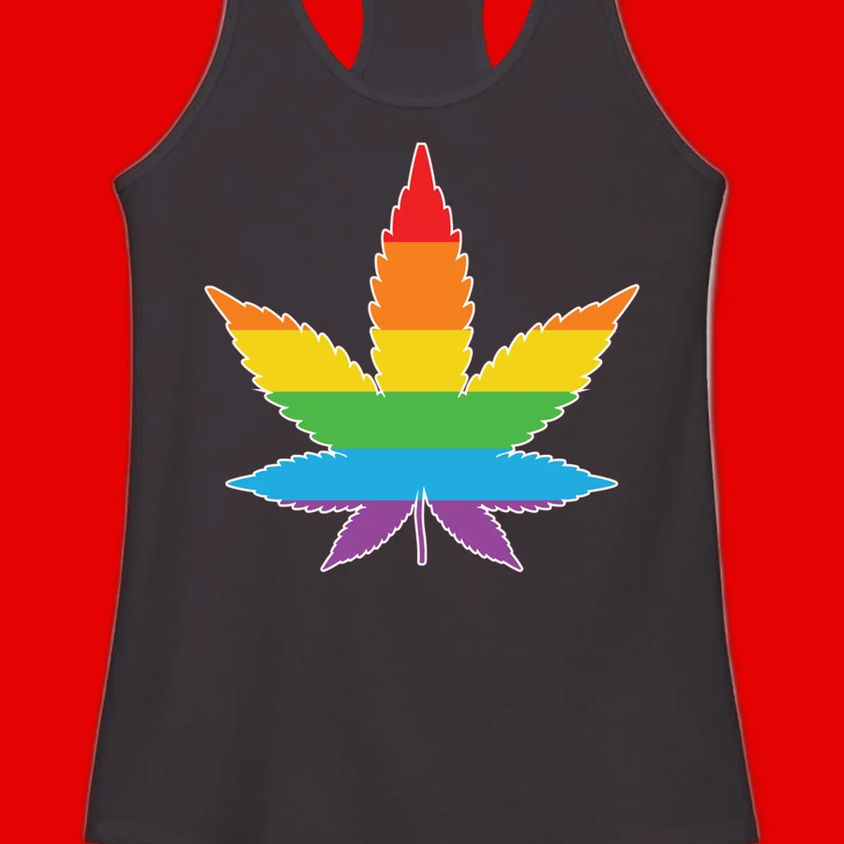 Rainbow-striped cannabis leaf with red, orange, yellow, green, blue, and purple horizontal bands and white outline
