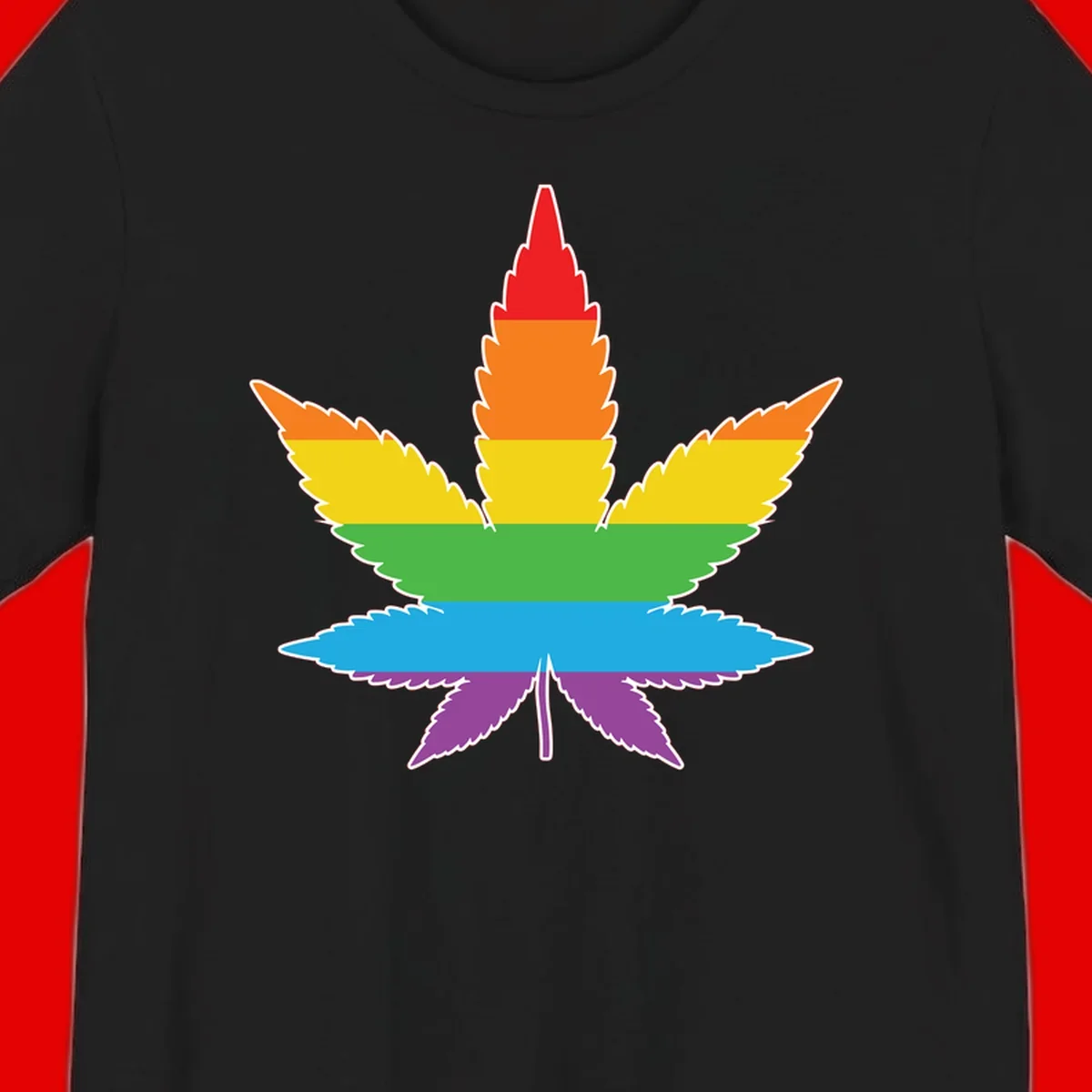 Rainbow-striped cannabis leaf with red, orange, yellow, green, blue, and purple horizontal bands and white outline