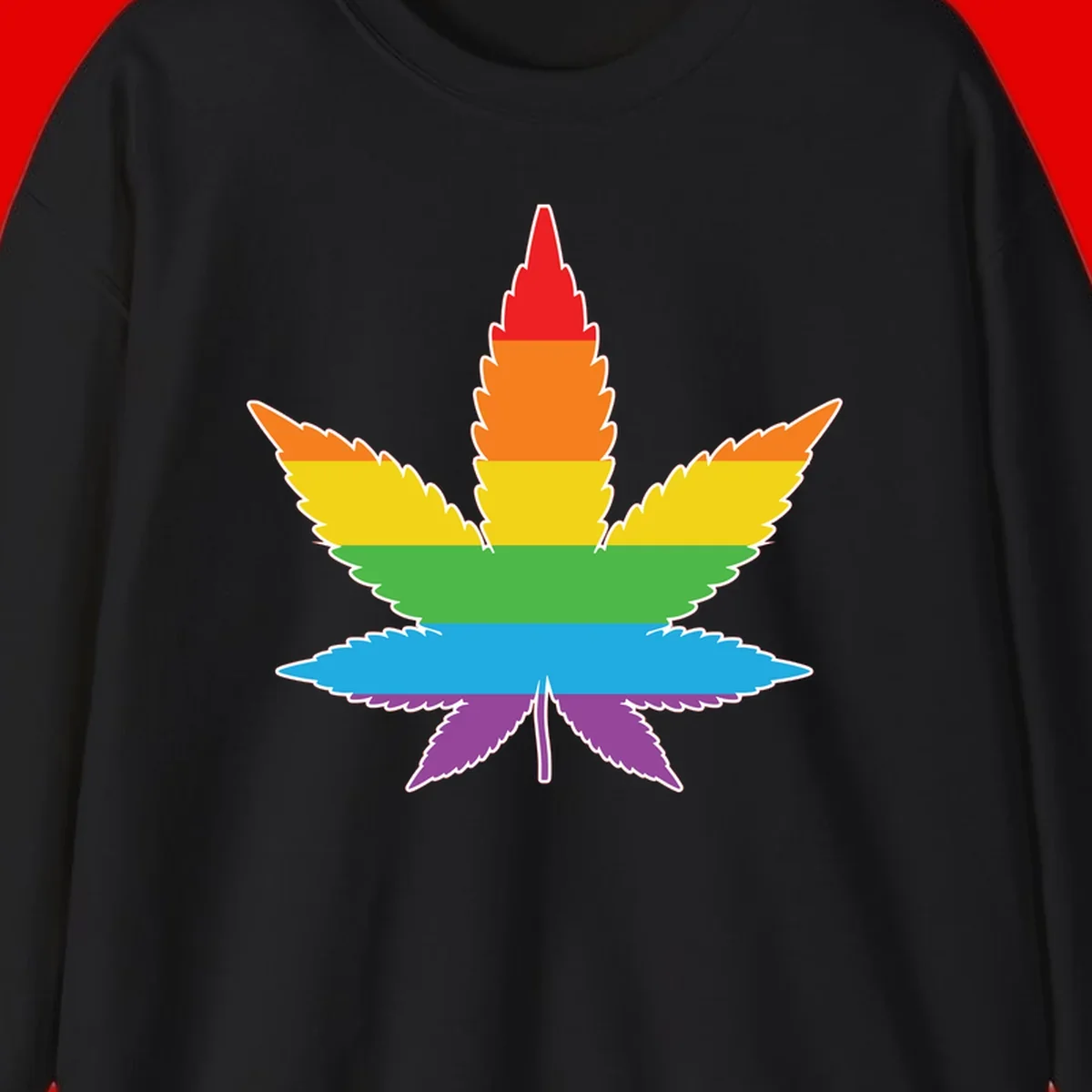 Rainbow-striped cannabis leaf with red, orange, yellow, green, blue, and purple horizontal bands and white outline